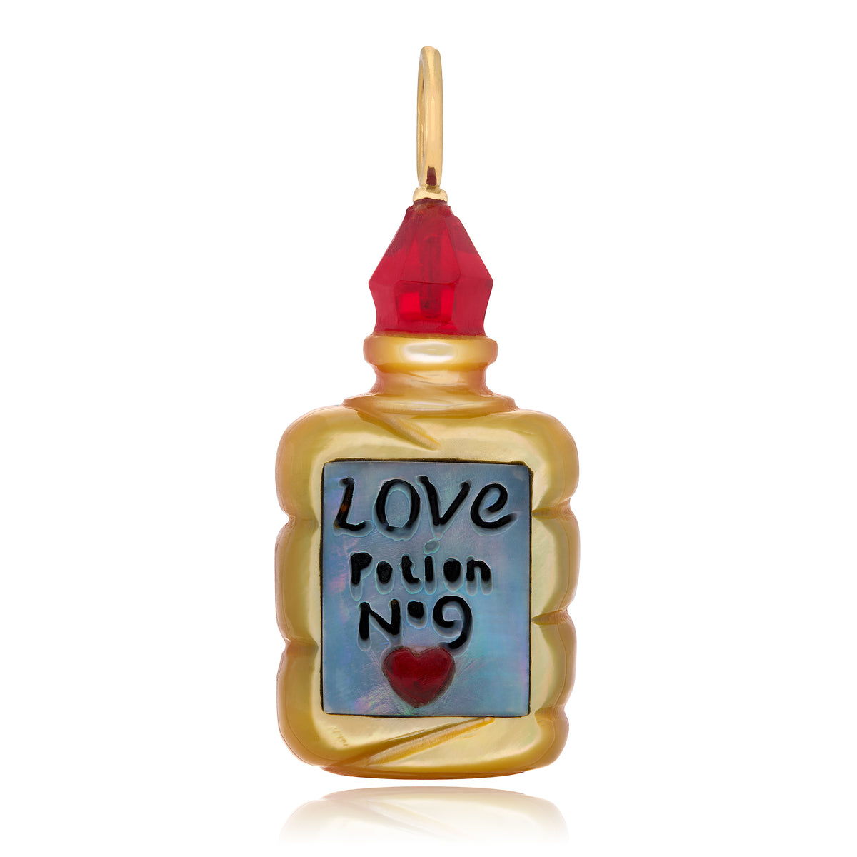 A gold charm shaped like a potion bottle with a red cap, featuring a blue label that reads 'LOVE Potion N°9' with a small red heart, on a white background, designed by Maura Green.