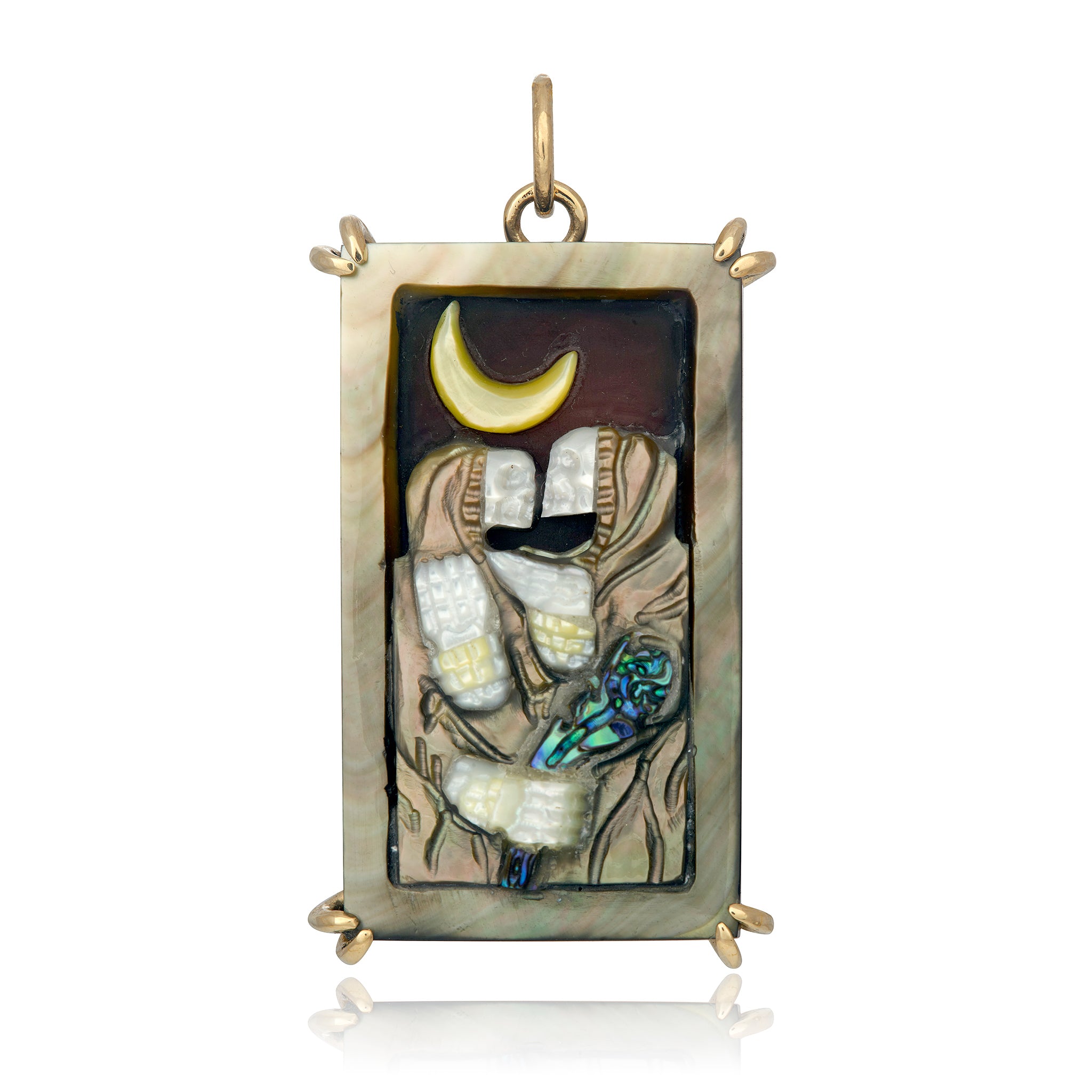 Silver and carved mother of pearl lovers tarot card charm by maura green jewelry, picturing two skeletons in an embrace.