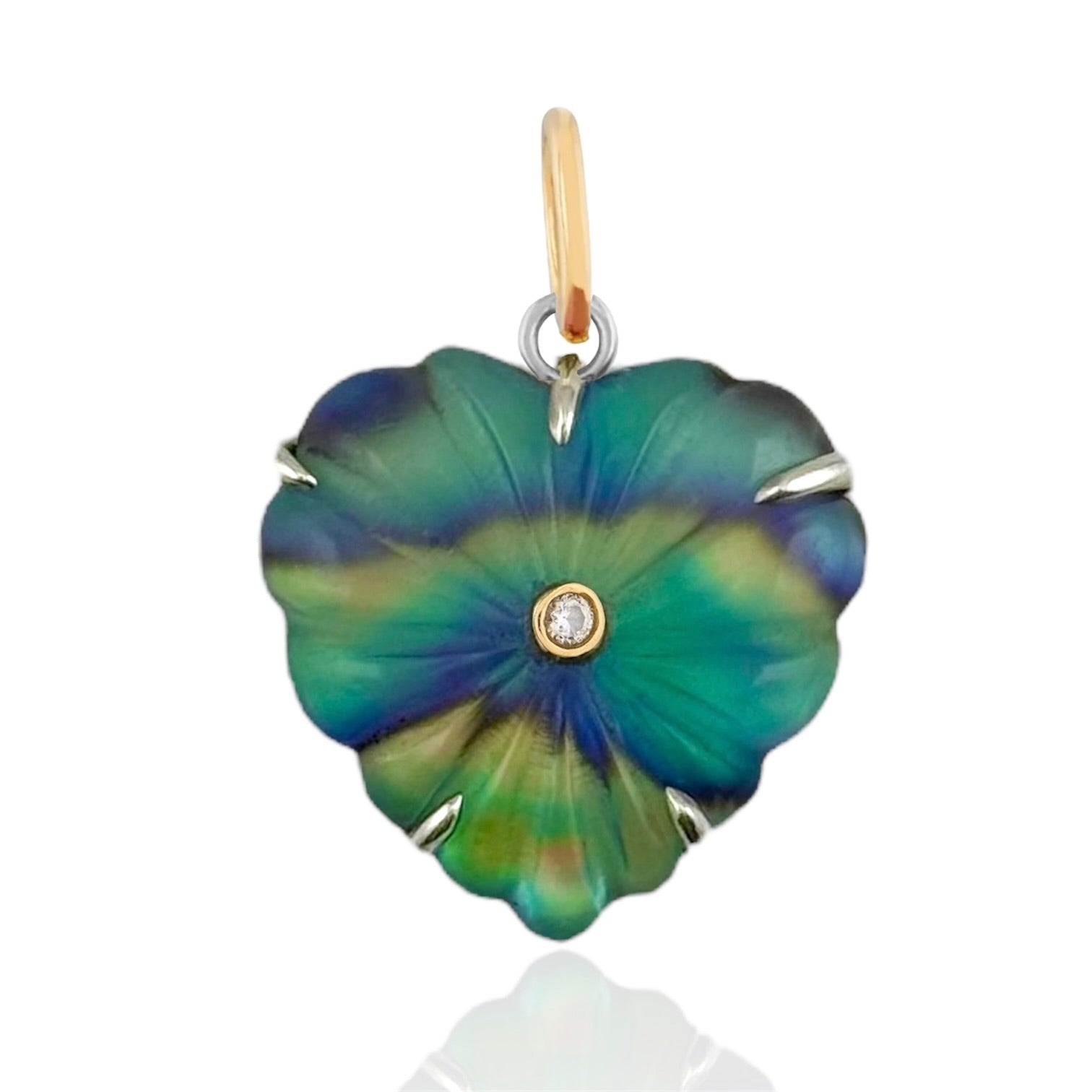 Maura Green Jewelry Heart luminescent charm carved from abalone with a diamond in it's center and a 14K gold bail.