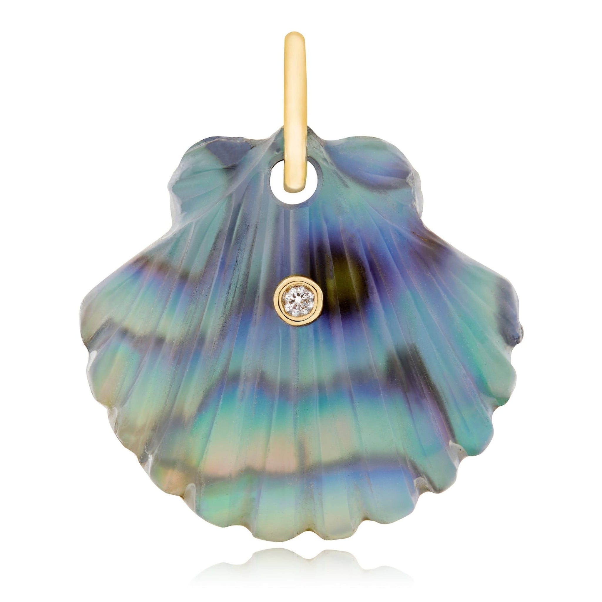 Hand carved luminescent scallop necklace charm with diamond in a 14k gold inlay designed by Maura Green