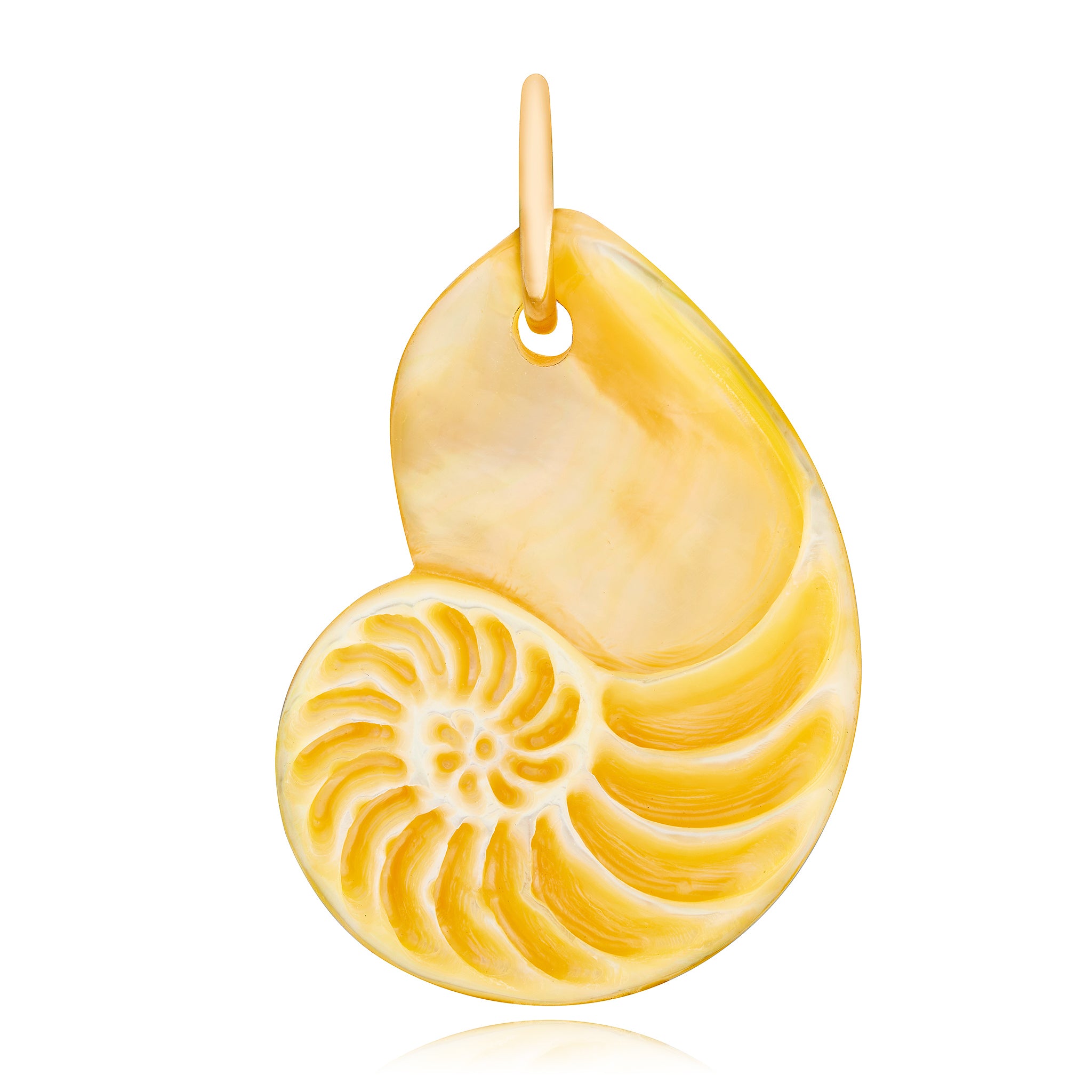 A hand-carved golden nautilus charm made from mother of pearl with a yellow gold bail designed by Maura Green.