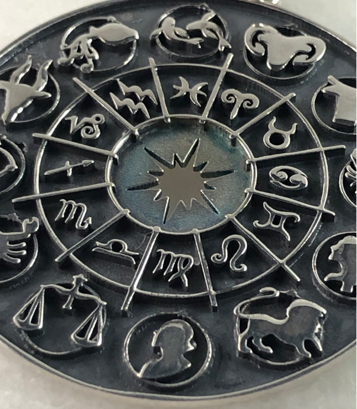 Close up cropped shot of a circular dark silver zodiac wheel charm with astrological symbols in a concentric pattern against a white background.