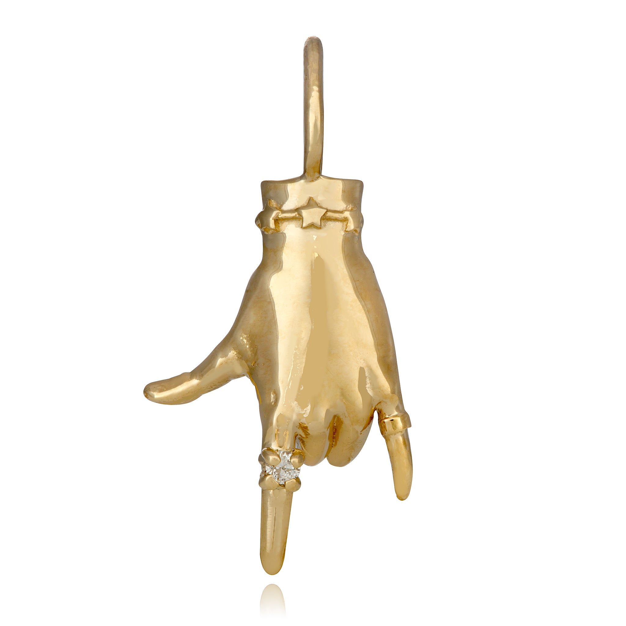 14K Gold ASL "I Love You" ladyfinger charm by Maura Green with diamond ring against a white background 
