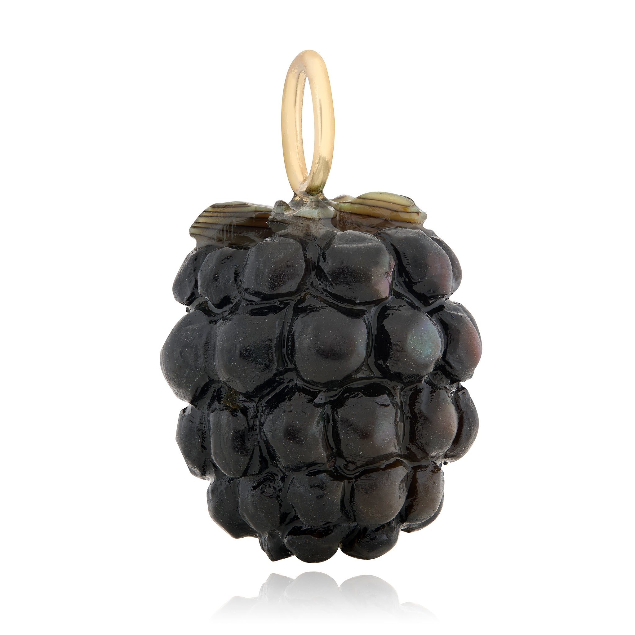 3D carved blackberry charm pendant with a 14K Gold bail designed by Maura Green against a white background.