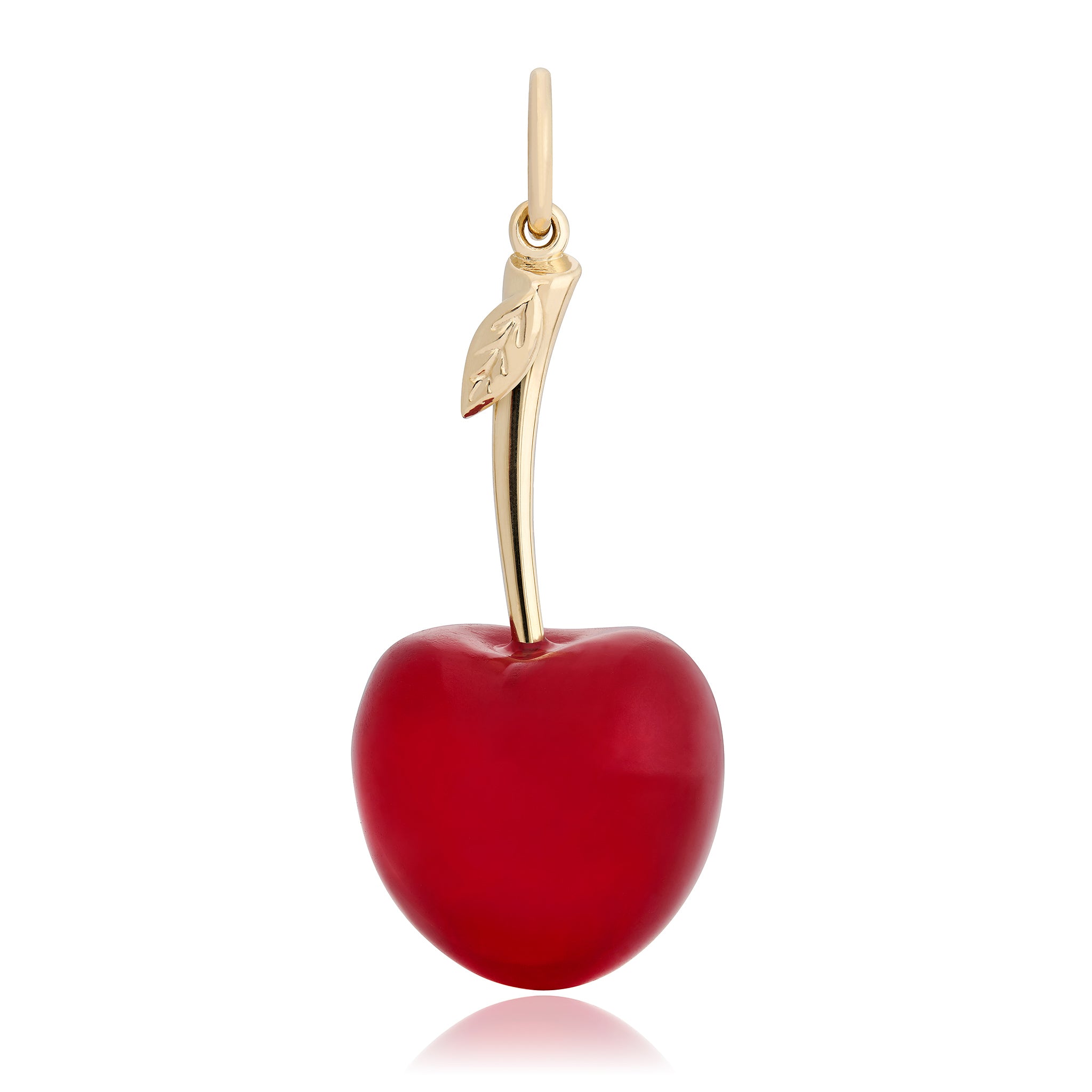 Maura Green Red cherry-shaped charm pendant with gold stem on a white background