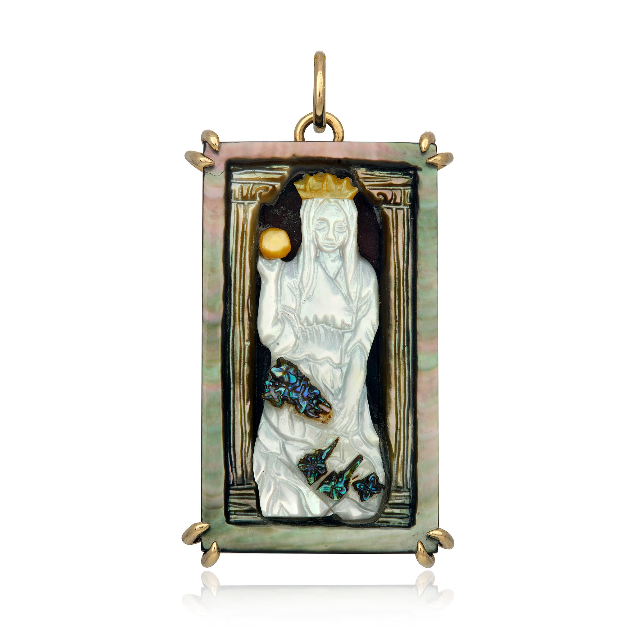 A gold-colored tarot charm featuring the Empress card, with hand-carved abalone and mother of pearl, displayed against a white background. Designed by Maura Green.