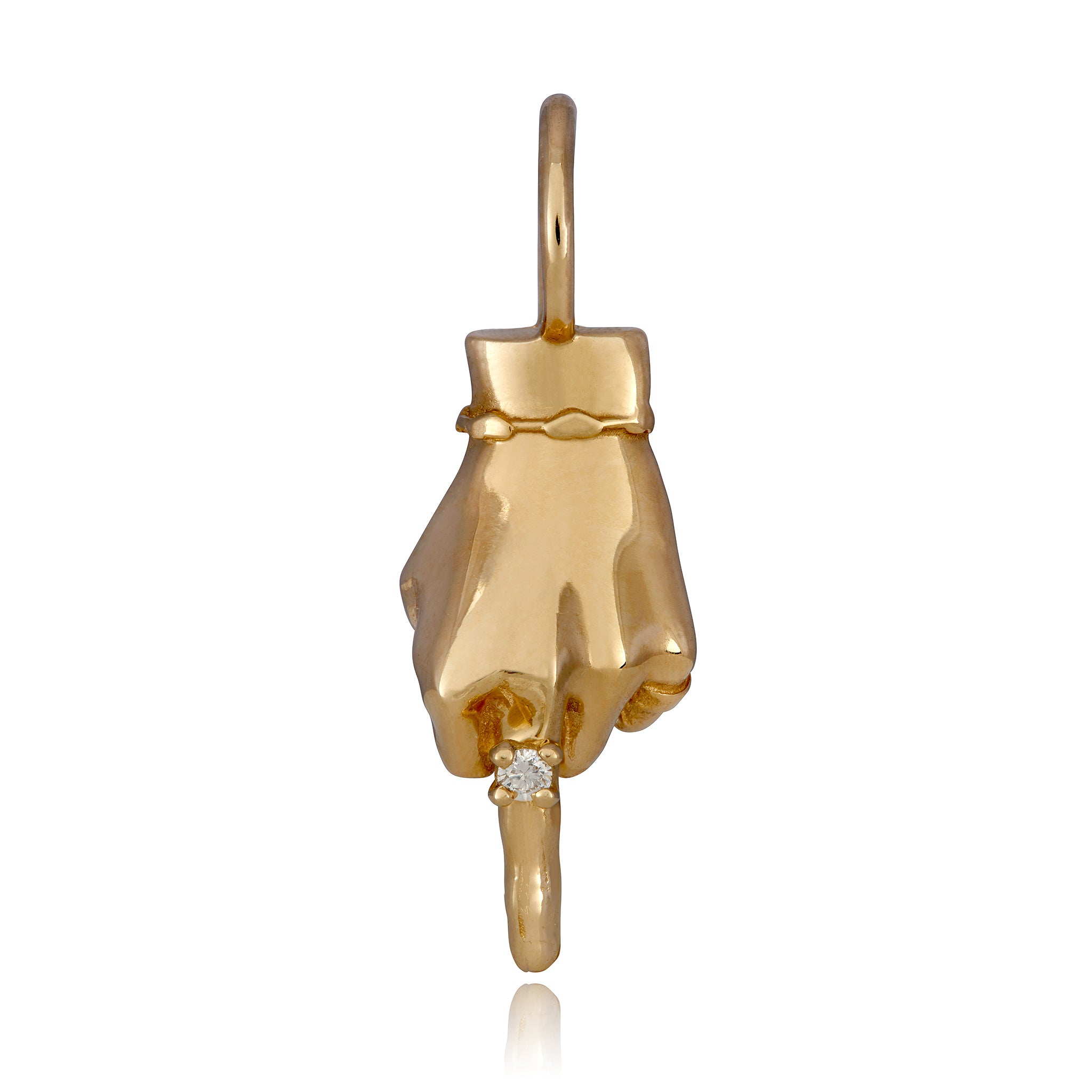 A 14k yellow gold figural hand charm wearing a diamond ring and making the middle finger gesture designed by Maura Green against a white background.