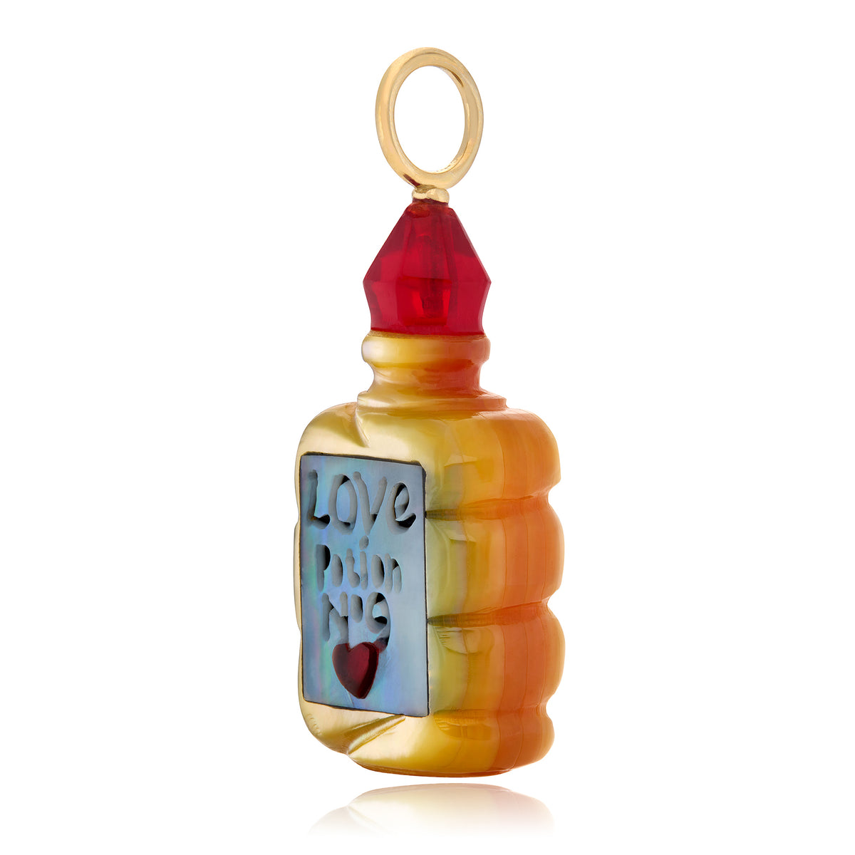 A small decorative charm shaped like a bottle with a 14K yellow gold at the top, a translucent red chalcedony cap, and a blue shell label reading 'Love Potion no 9' with a red heart. The bottle body is carved from Golden mother of pearl, shown on a clean white background. Designed by Maura Green