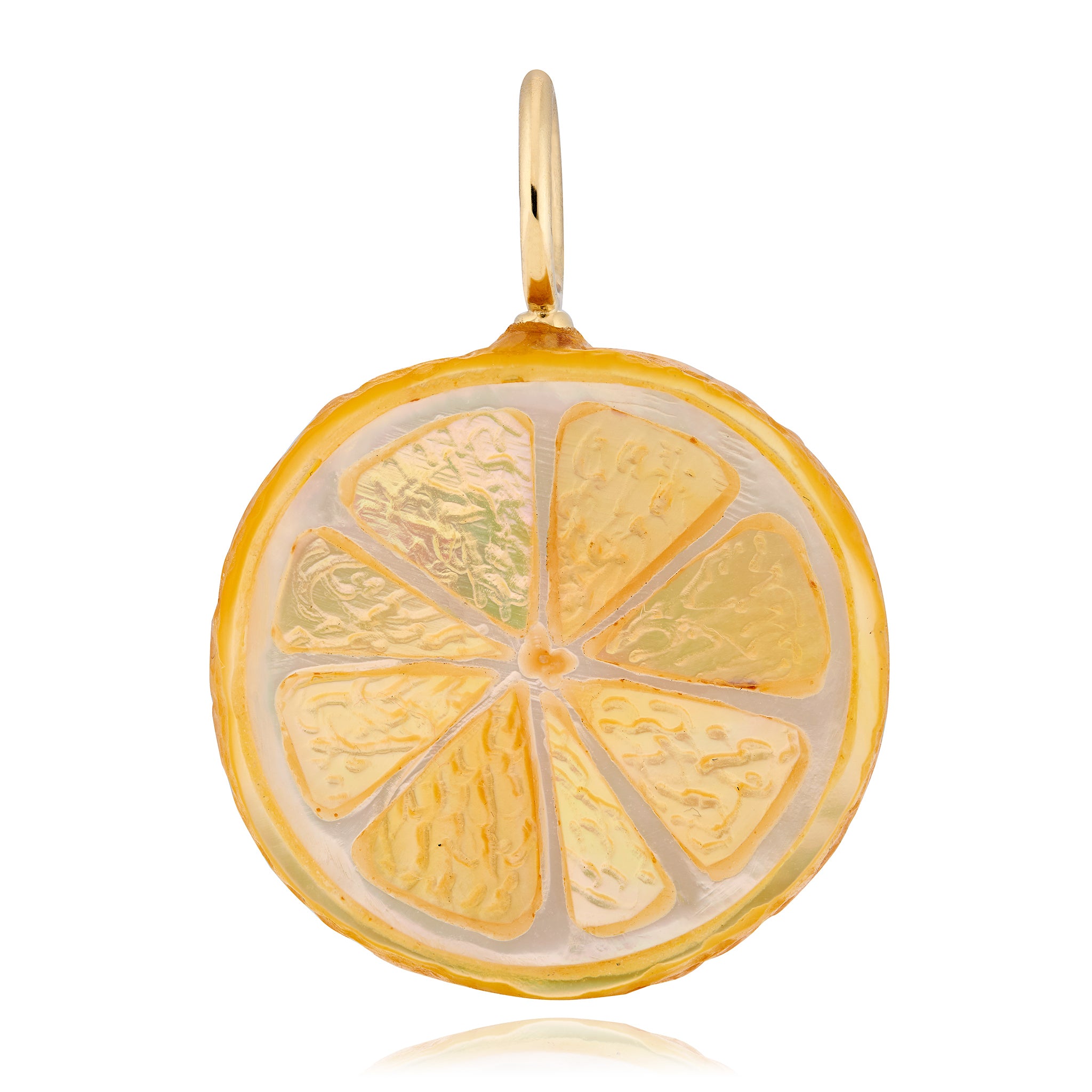 Gold lemon slice pendant on a white background
