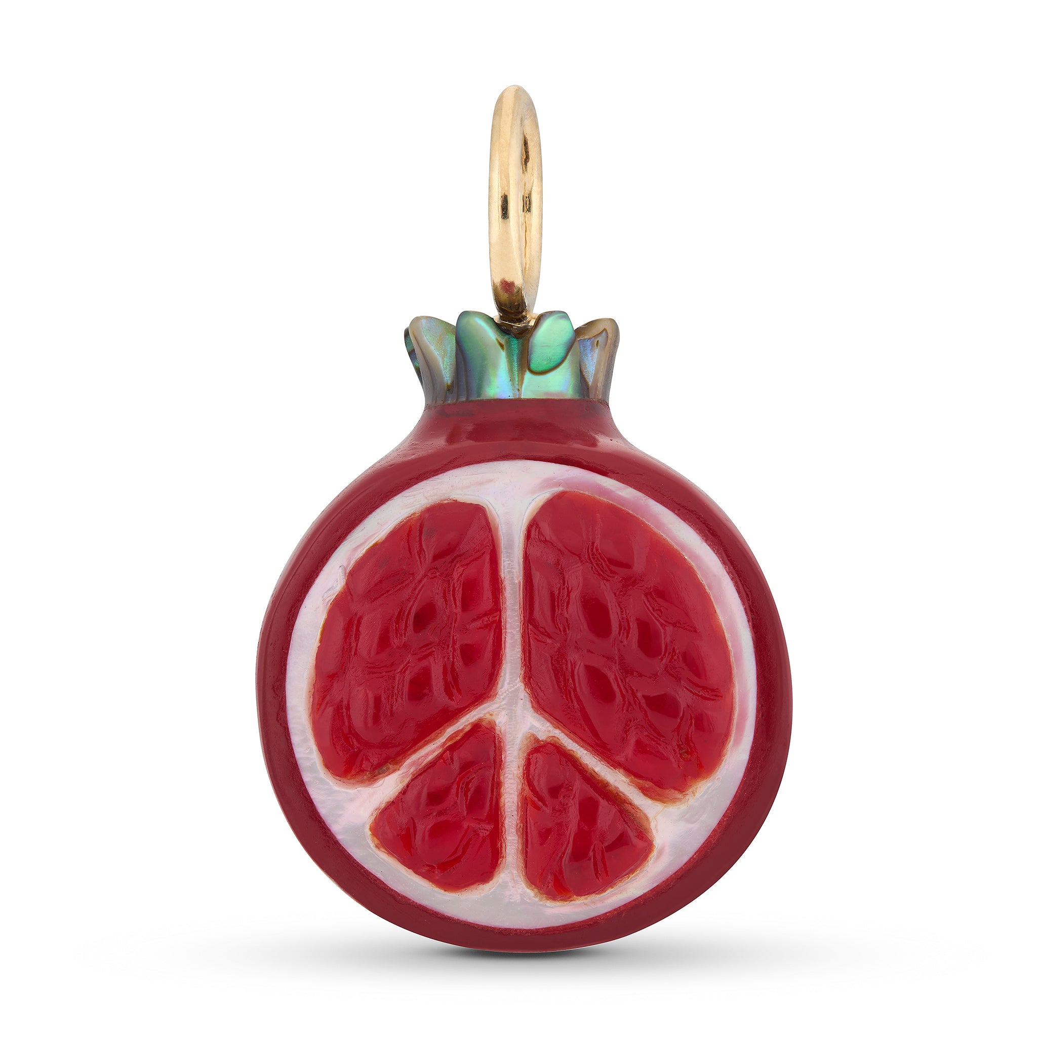 Red pomegranate fruit pendant with 14K gold bail against a white background