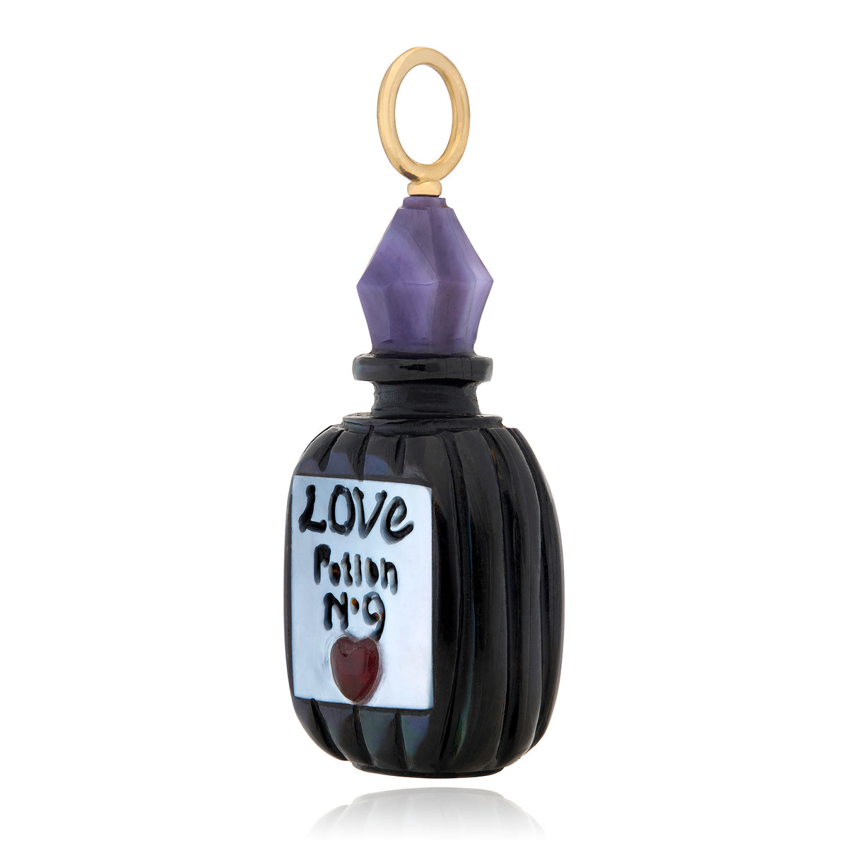 A decorative bottle-shaped ornament or charm with a black ribbed body, a purple faceted cap, a gold hanging loop, and a white label reading 'Love Potion No. 9' with a small red heart, shown on a white background.