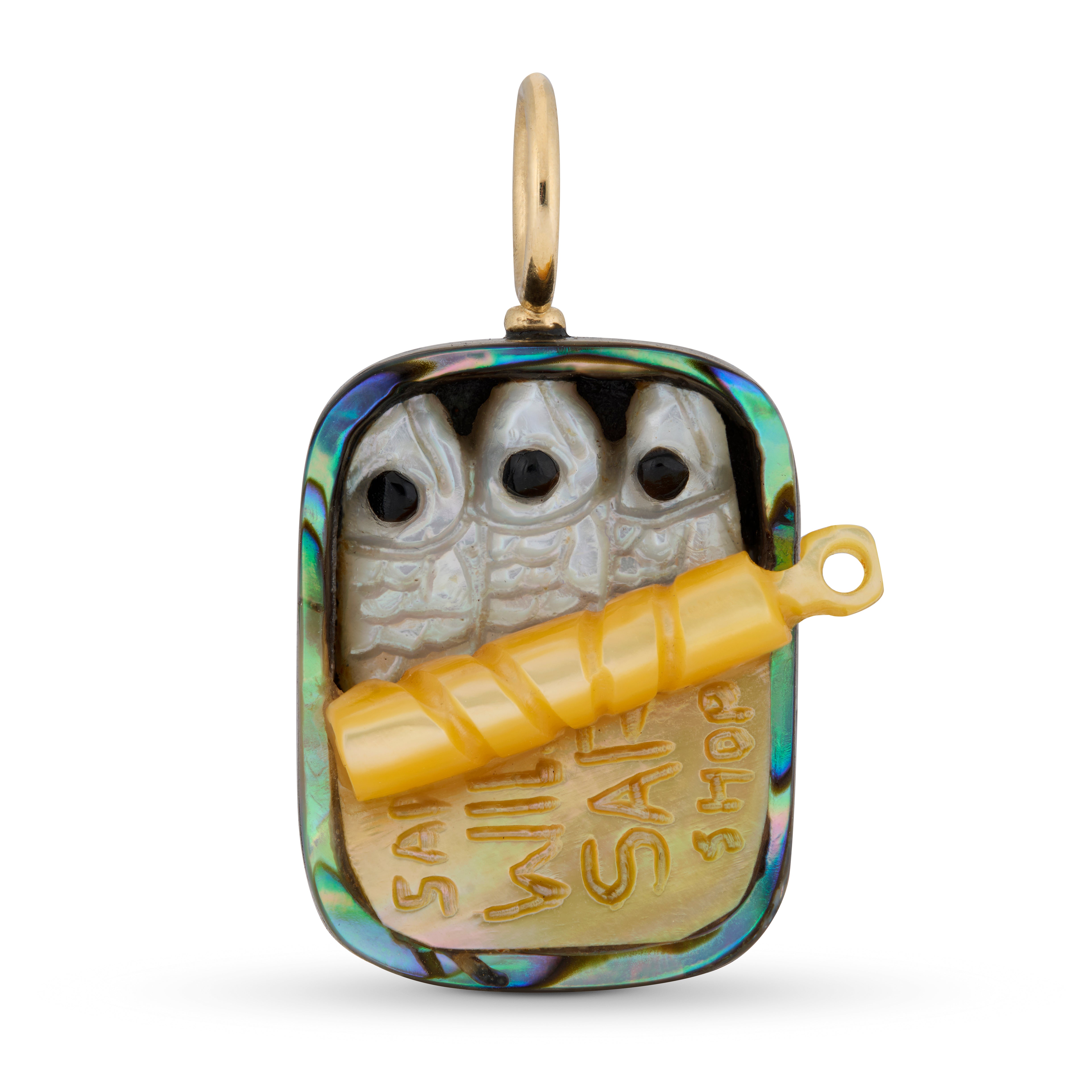 Highly detailed pendant featuring a Sardine Tin in mother of pearl and abalone shell with a yellow gold bail against a white background.
