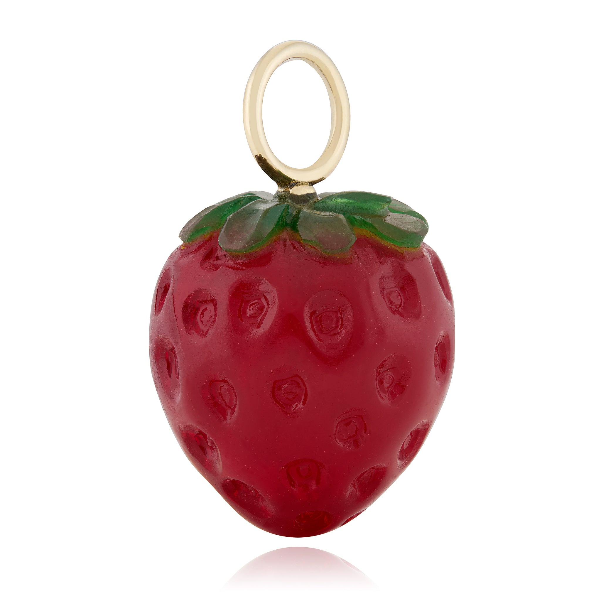Strawberry-shaped pendant with gold bail on a white background designed by Maura Green.