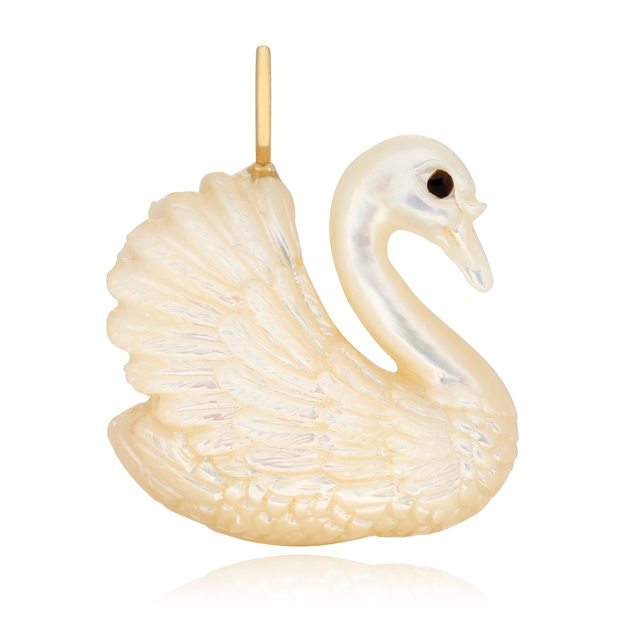 Carved white mother of pearl swan charm pendant on a white background designed by Maura Green Jewelry.