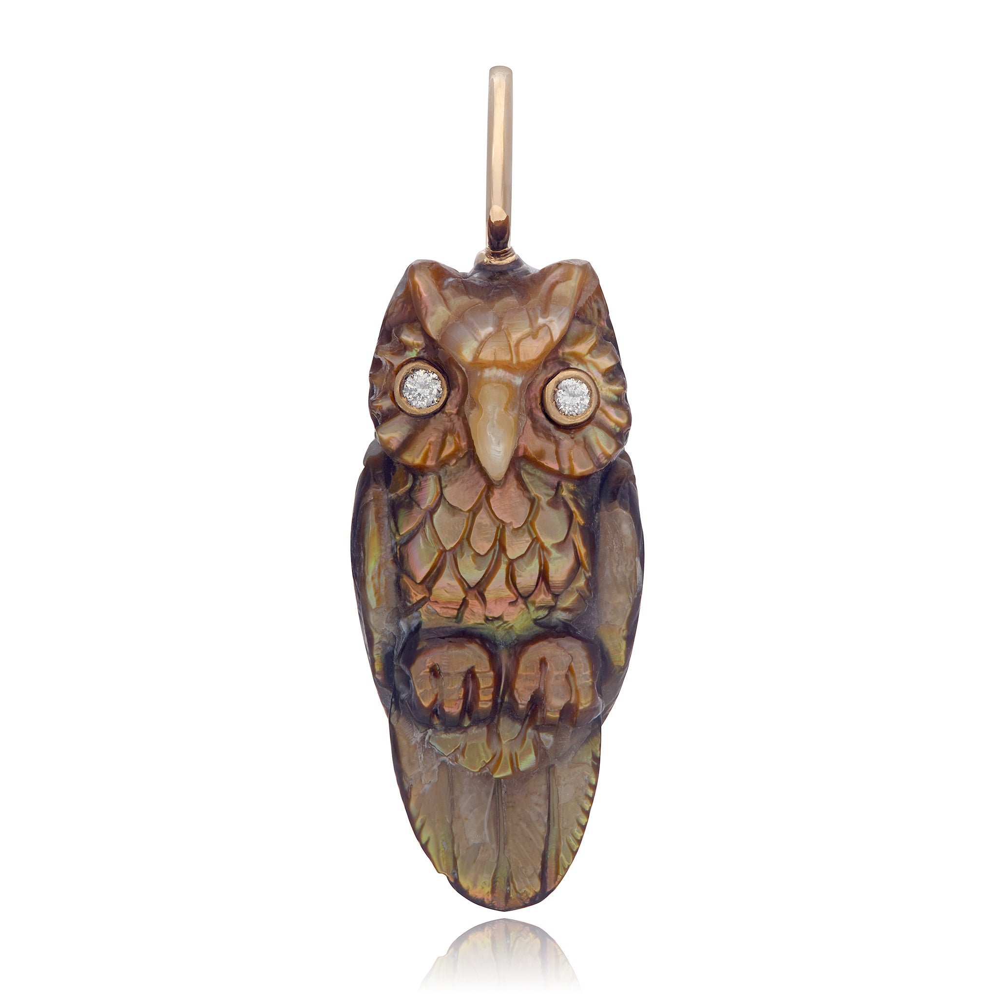 A three-dimensional copper colored owl charm designed by Maura Green, with patterns of brown and beige on its body, featuring diamond eyes and a gold loop at the top for attachment.