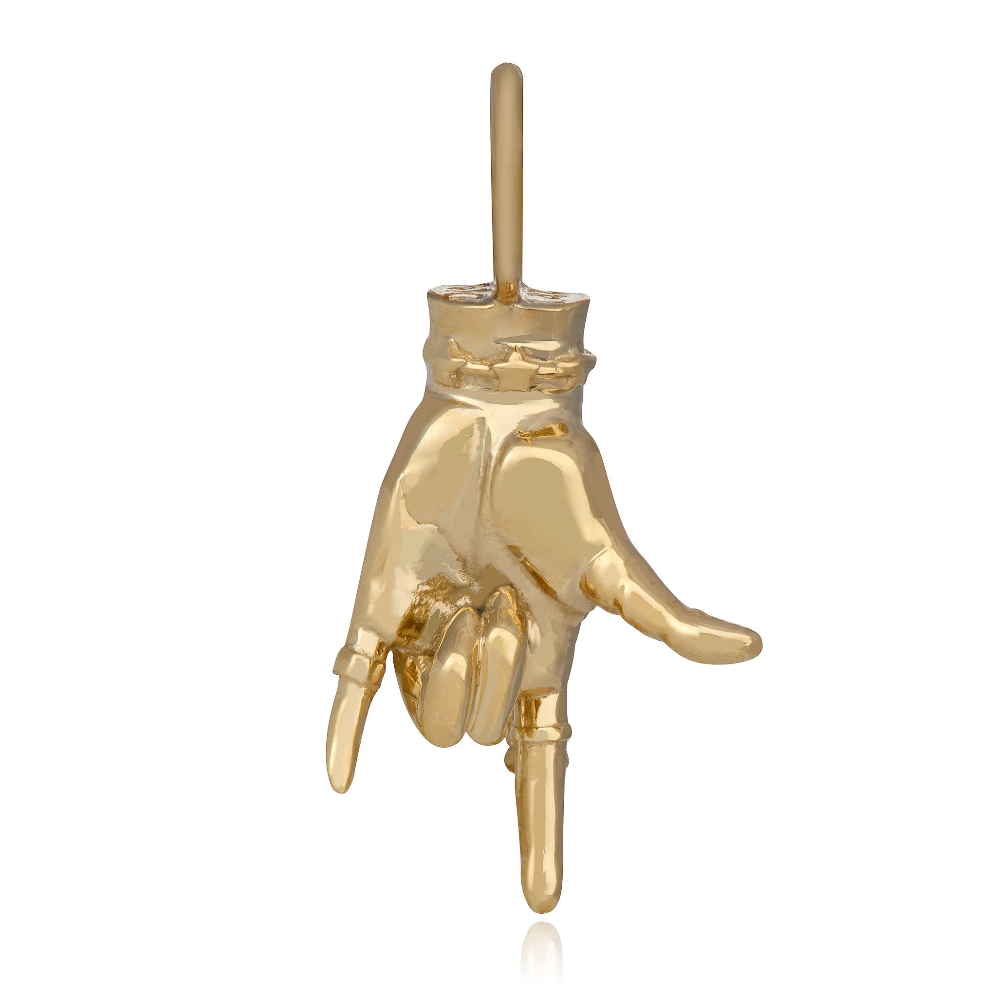 Gold Maura Green jewelry charm in the shape of a hand making the american sign language 'I love you' sign against a white background.