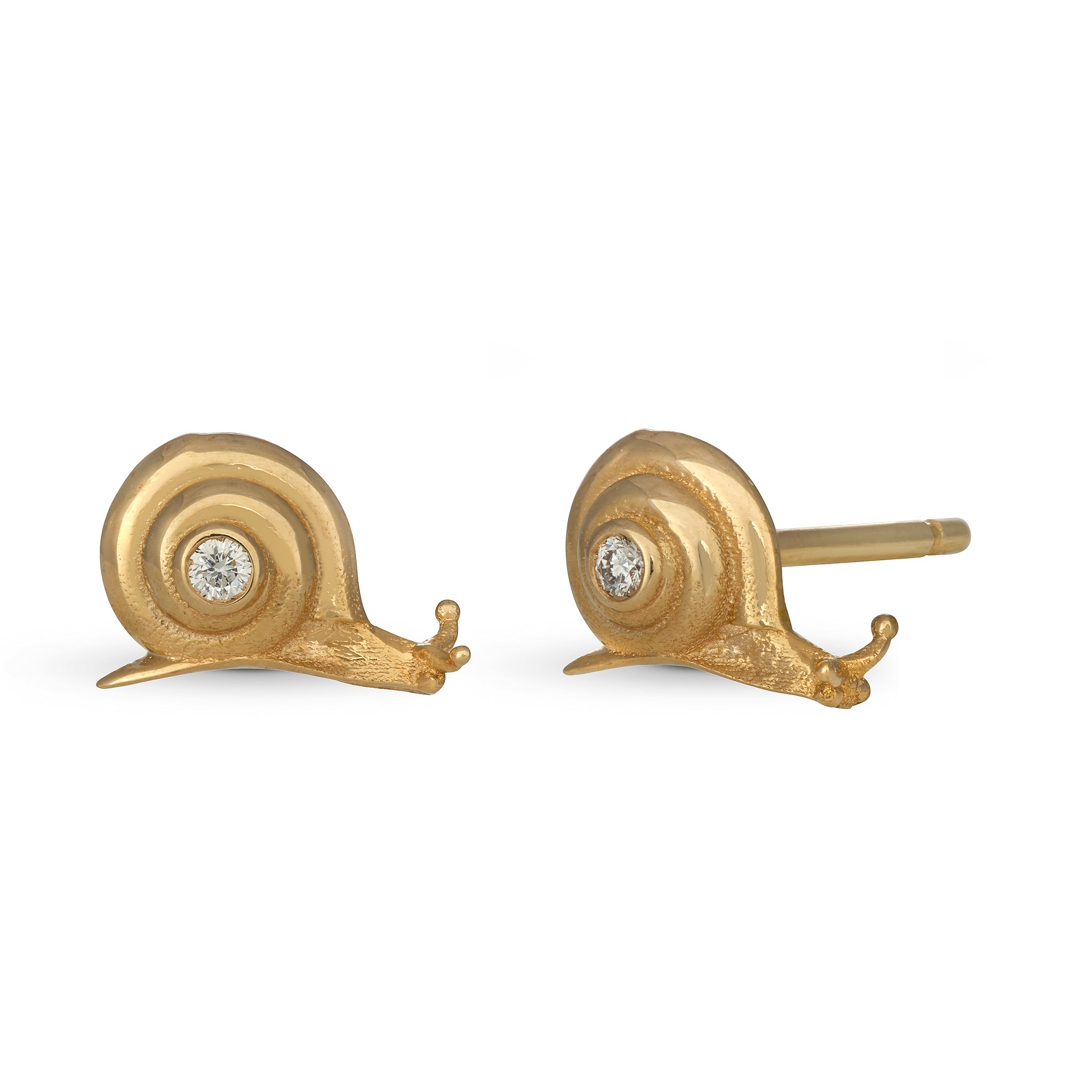 Gold Mini Snail stud earrings with a bezel set diamond in the center of the snail's shell against a white background.