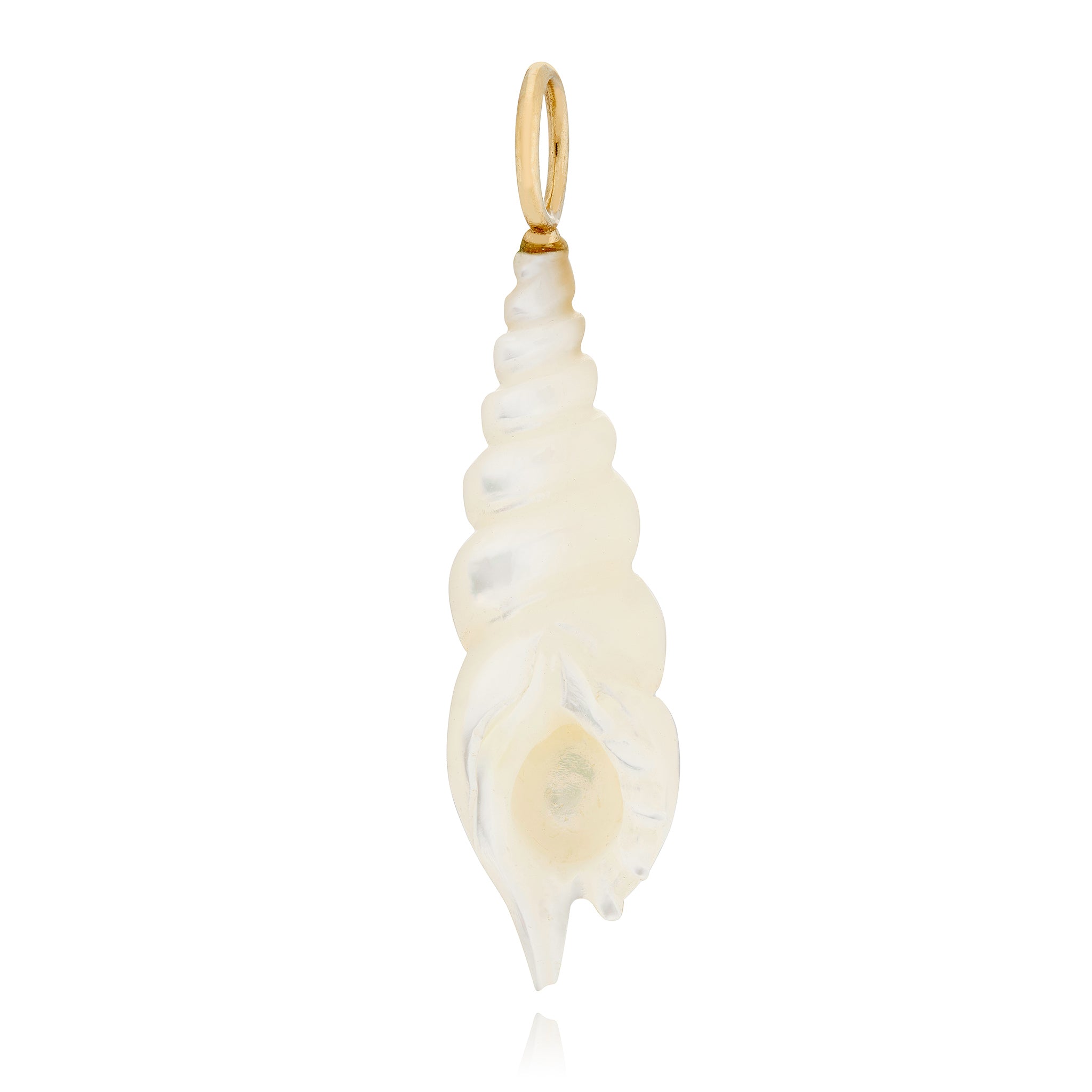 A hand-carved white mother of pearl spiral shell with a 14k yellow gold bail. Maura Green