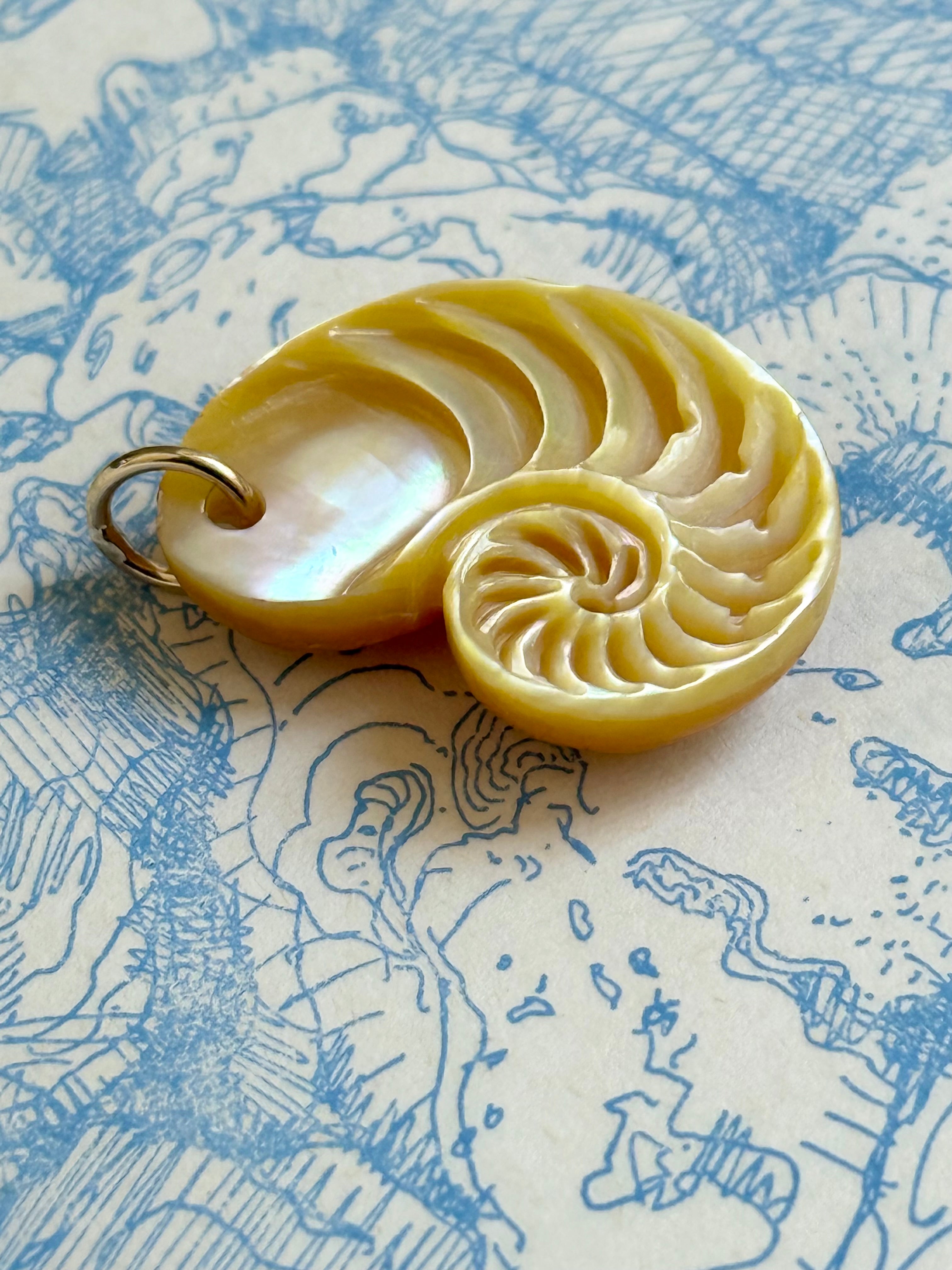 Shell-shaped pendant carved from gold mother of pearl with a gold bail on a blue patterned background
