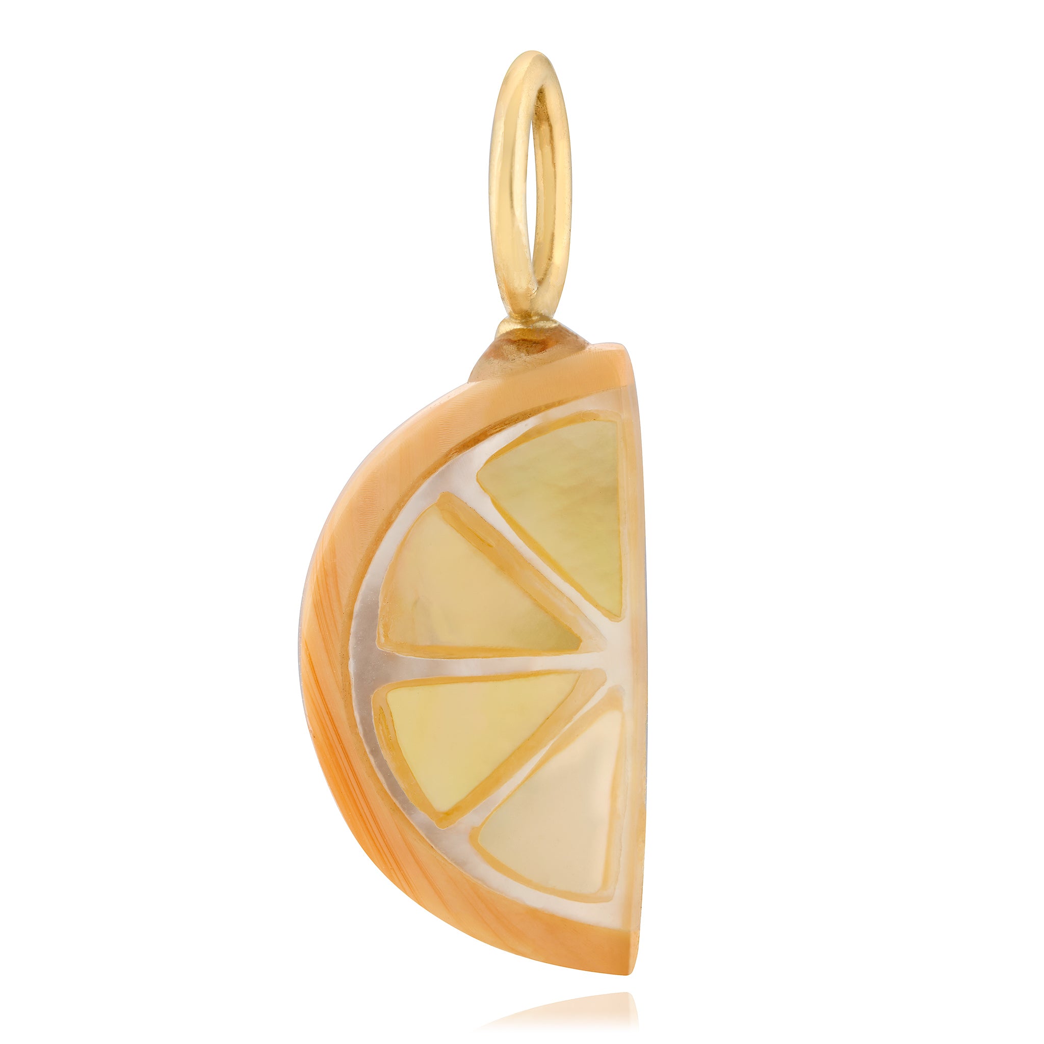 Gold pendant shaped like an orange or lemon slice on a white background. Designed by Maura Green Jewelry