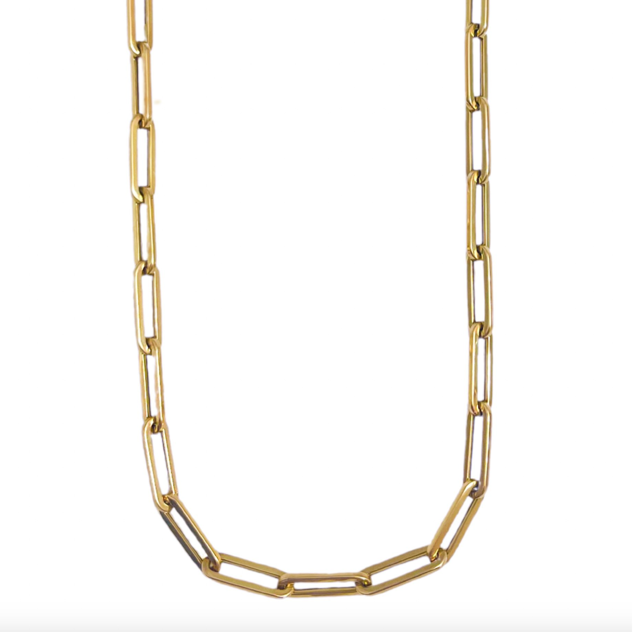 A 14K gold semi-hollow paperclip chain necklace with a lobster claw closure designed by Maura Green