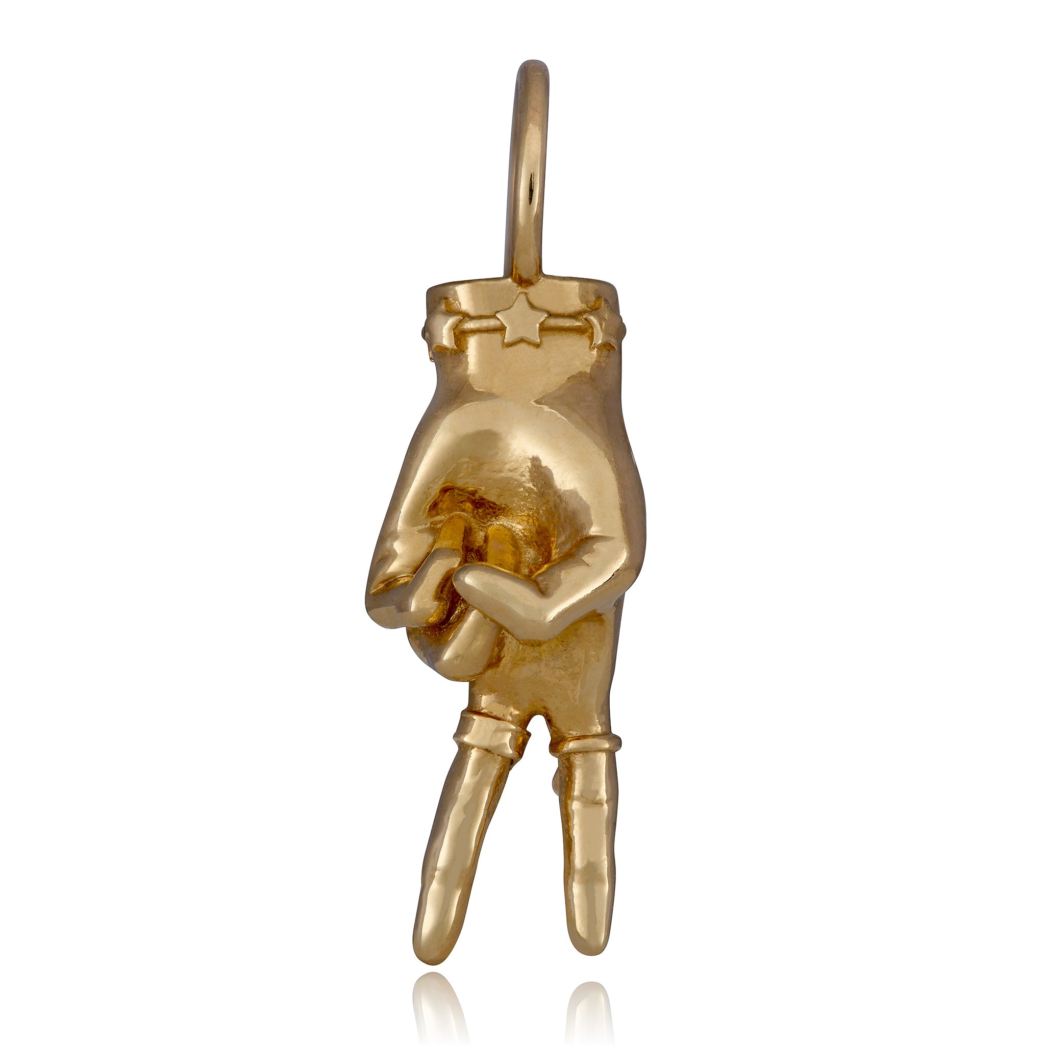 A 14k gold charm in the shape of a hand making a peace sign gesture, designed by Maura Green against a white background.