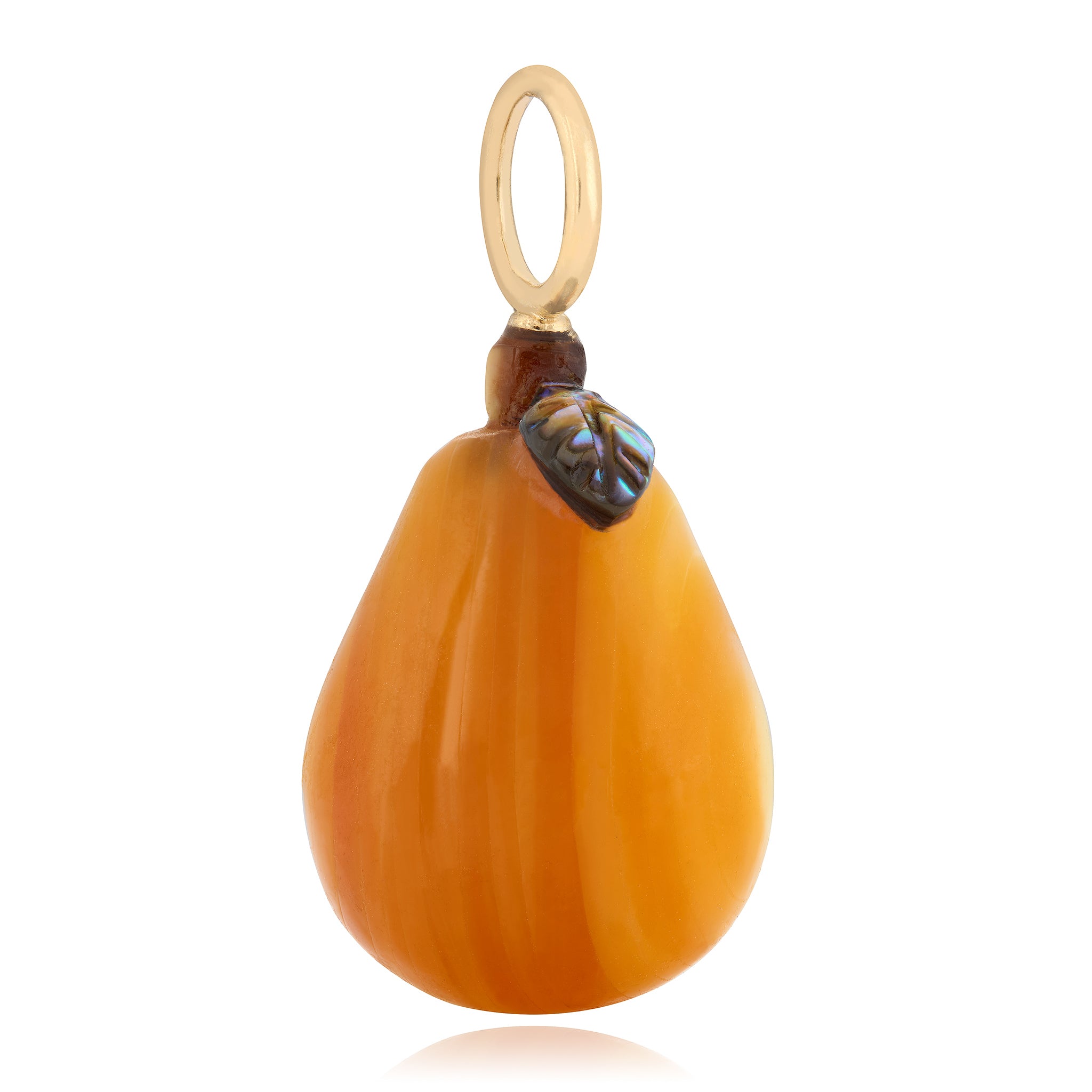 Teardrop-shaped pear pendant charm hand carved from gold mother of pearl, with a gold ring on a white background