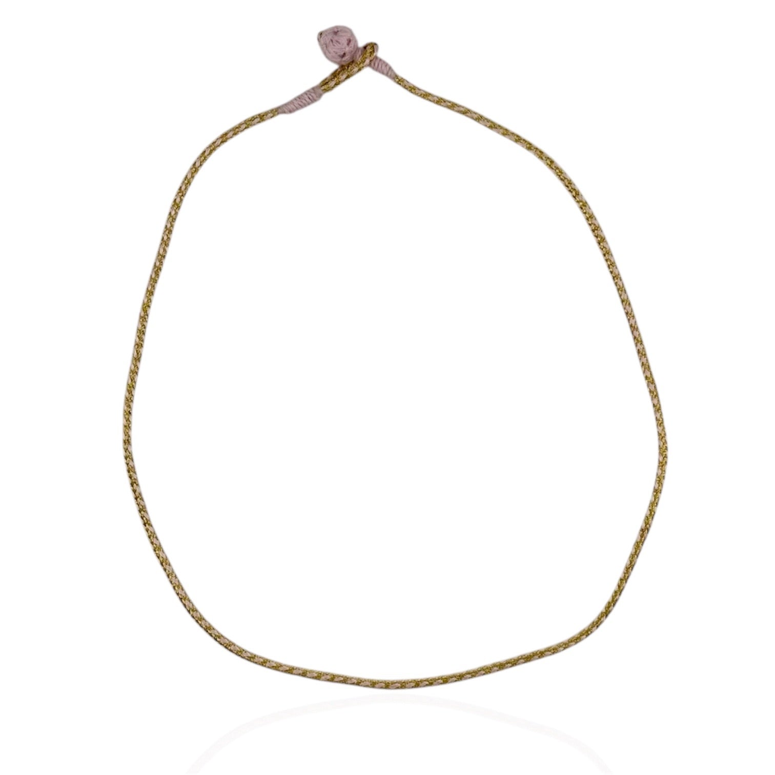 A pink and gold and braided silk cord necklace, shown against a white background.