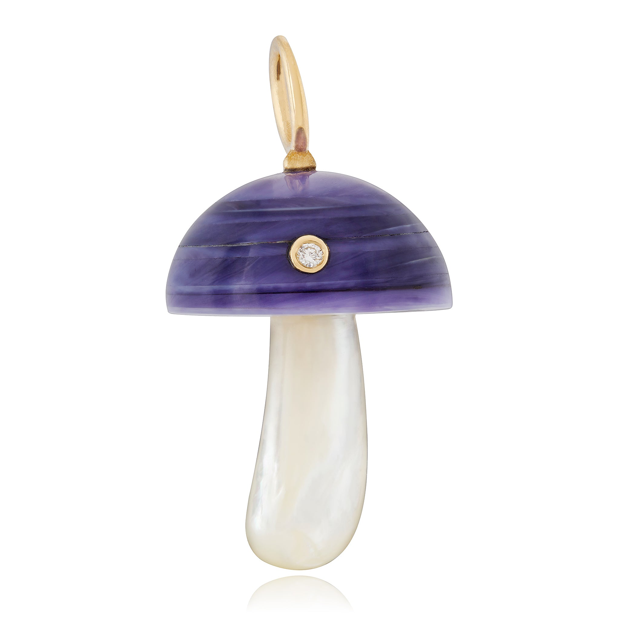 A charm featuring a purple clam shell mushroom with a diamond inlay on top, attached to a gold bale designed by Maura Green