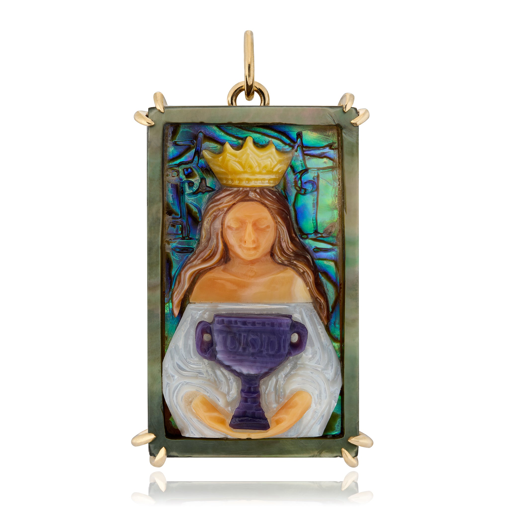 Pendant with a woman holding a chalice cup and a crown on a white background. Designed by Maura Green