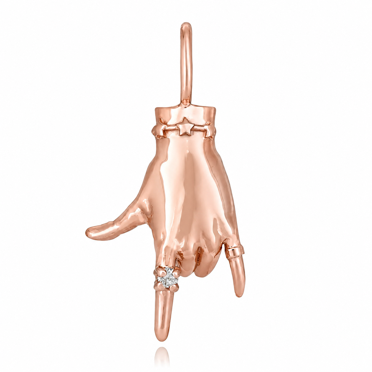 rose Gold ASL "I Love You" ladyfinger charm by Maura Green with diamond ring against a white background 