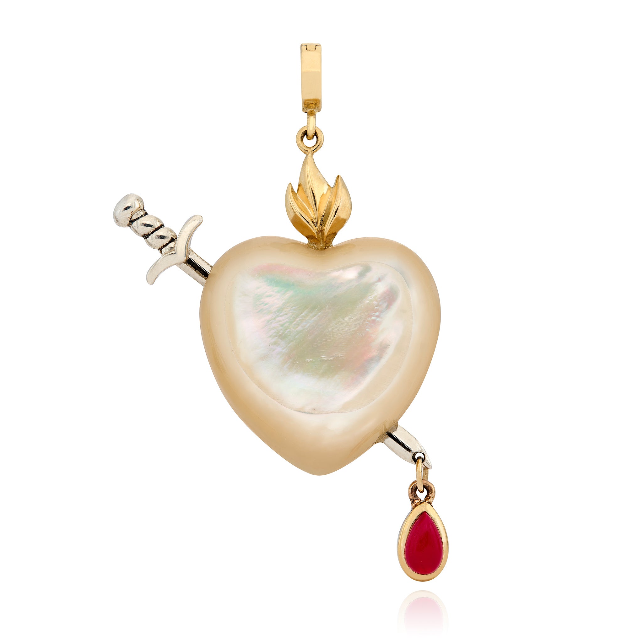 Maura Green Jewelry Sacred Heart charm, hand carved from white mother of pearl, featuring a silver sword, golden flames, and a dangling teardrop ruby.