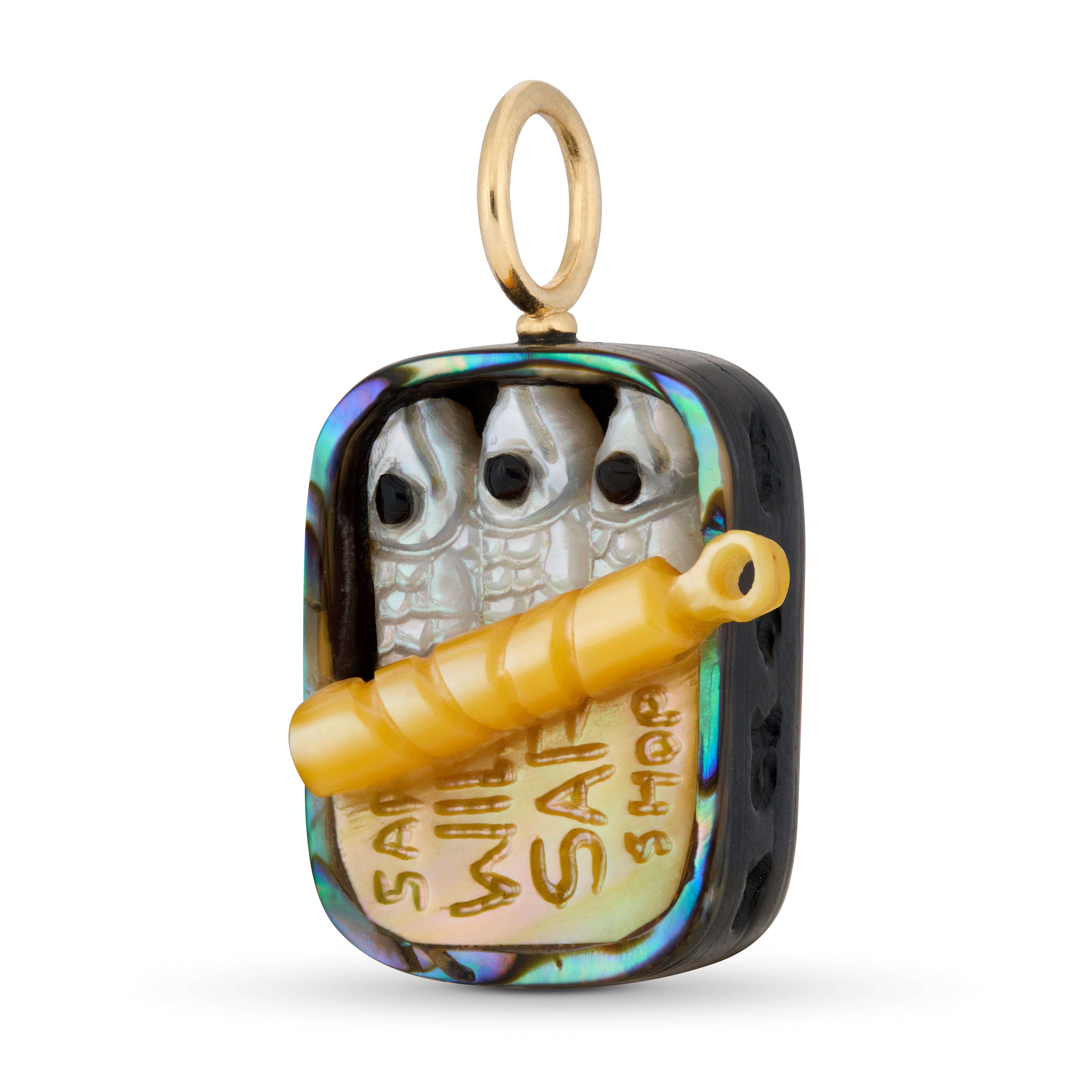 Pendant featuring sardines in a tin, hand carved from abalone shell and gold accents on a white background. Designed by Maura Green