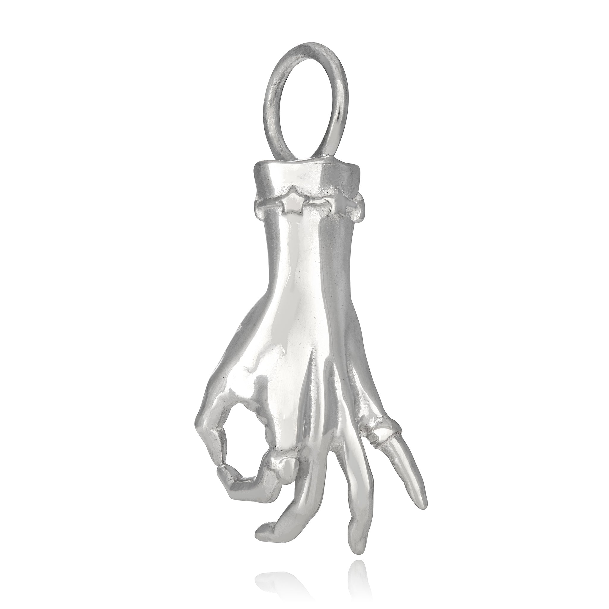 A sterling silver figural hand charm in the shape of a hand making a mudra gesture, with a small circular bail at the top, against a white background. Designed by Maura Green Jewelry for her ladyfinger collection.
