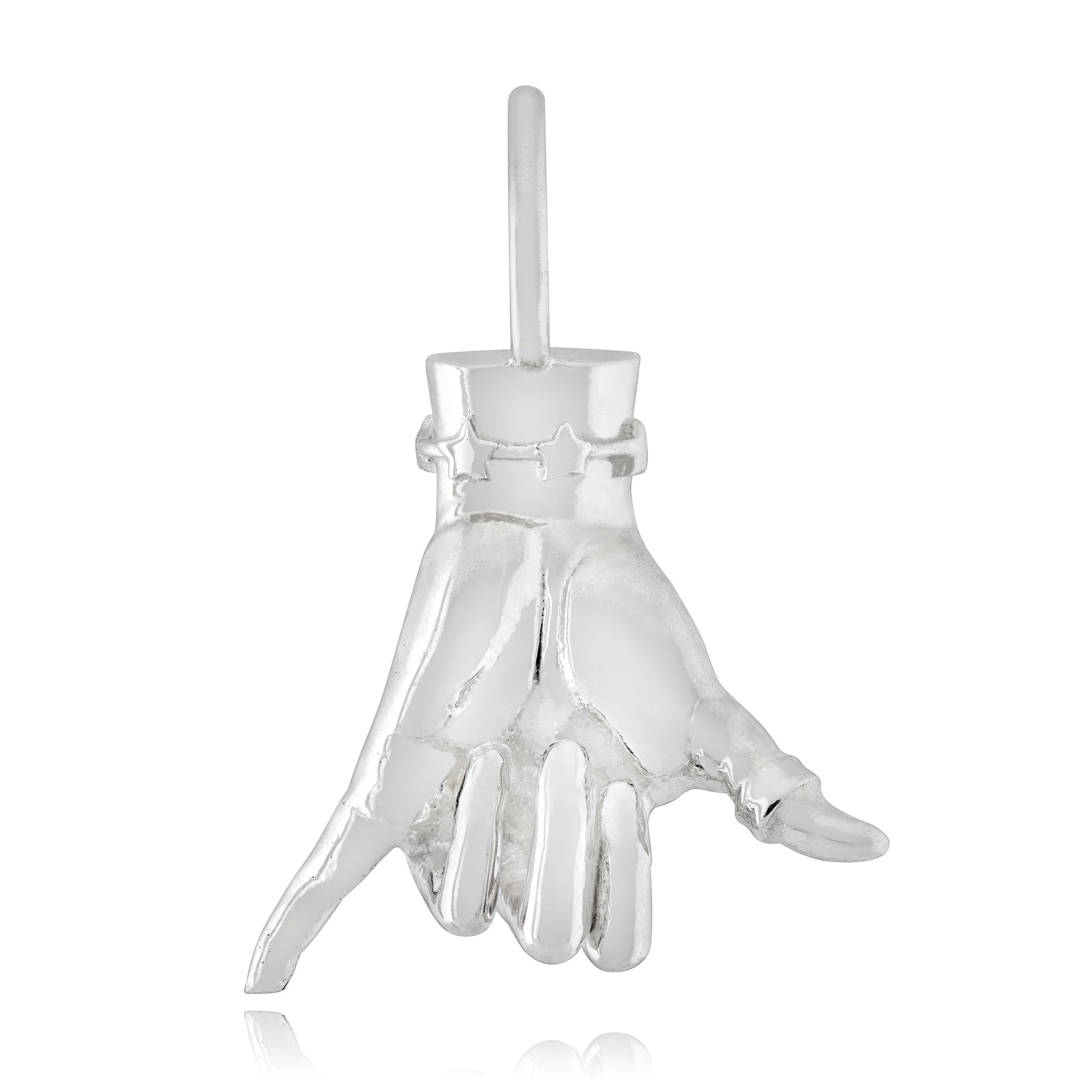 A silver-colored figural hand charm in shaka hand gesture, commonly associated with the aloha spirit and surfing culture, shown on a white backdrop, designed by Maura Green for her Ladyfinger collection.