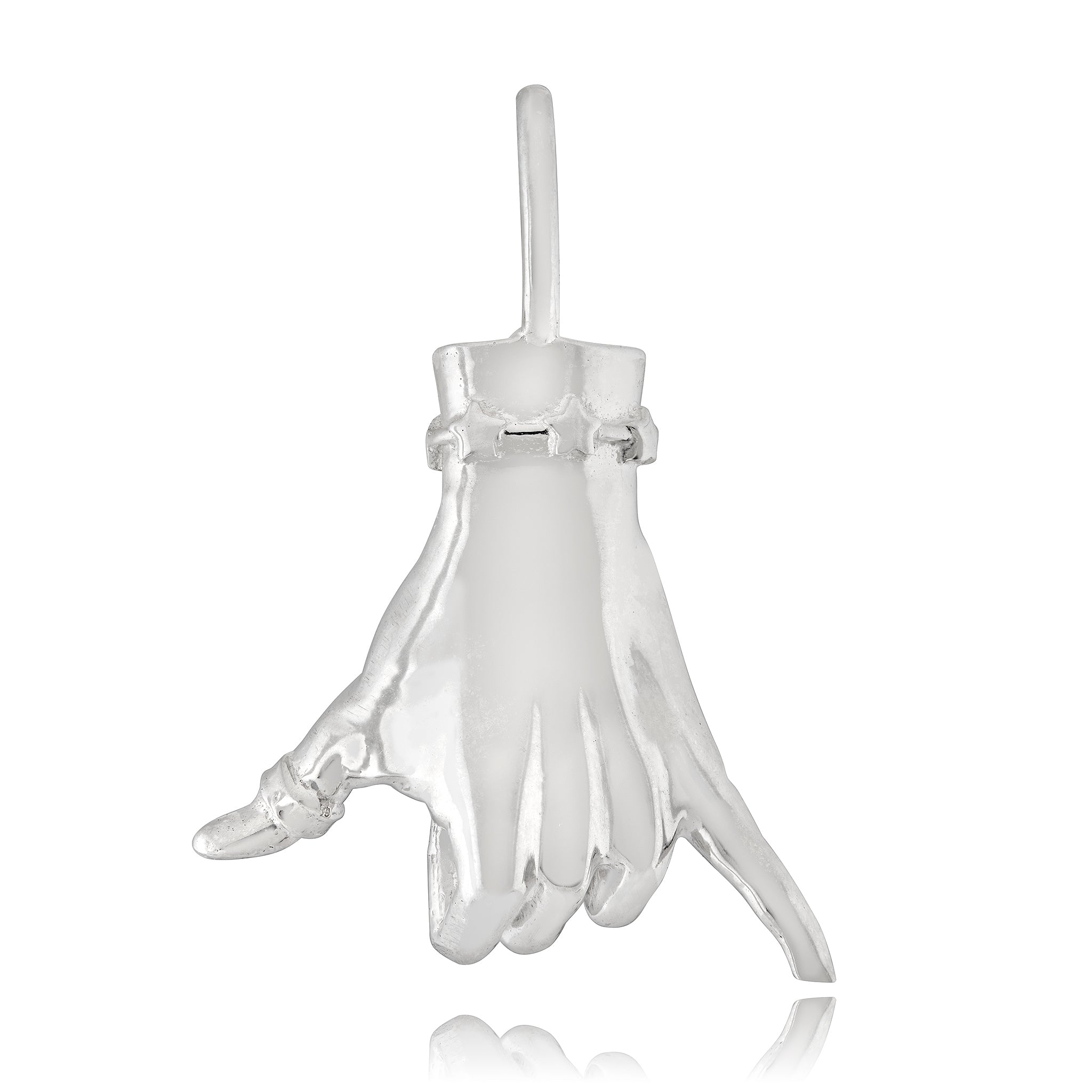 A silver-colored figural hand charm in shaka hand gesture, commonly associated with the aloha spirit and surfing culture, shown on a white backdrop, designed by Maura Green for her Ladyfinger collection.