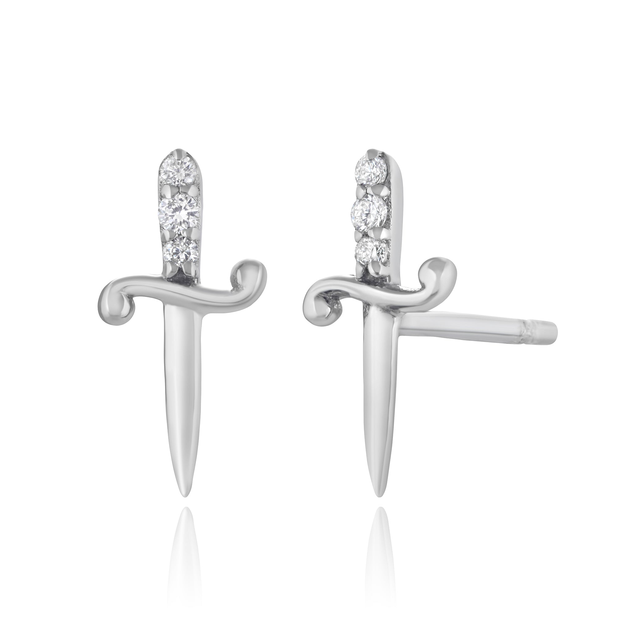 A pair of silver dagger stud earrings with diamond embellishments.