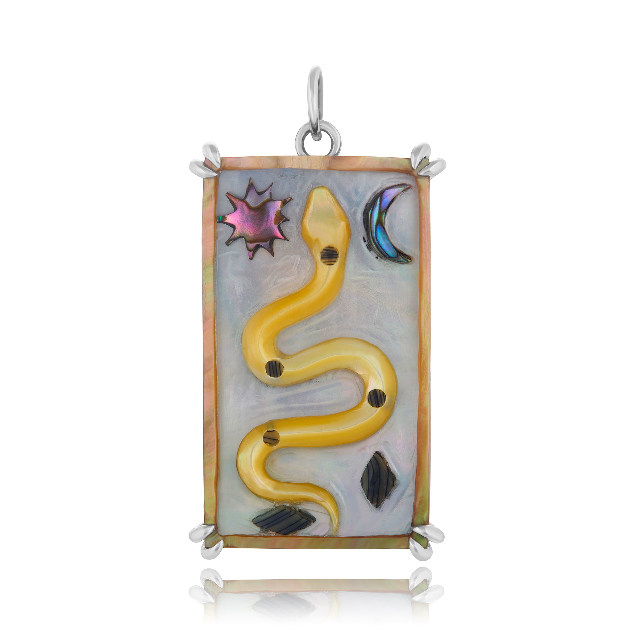 A sterling silver pendant featuring a hand-carved serpentine design with abalone and mother of pearl, set in a high polish 14K Yellow Gold basket. Designed by Maura Green