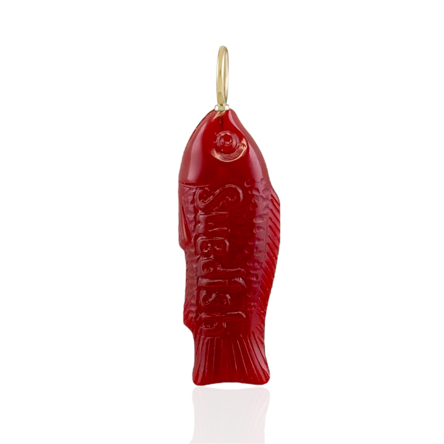 Red fish-shaped pendant with 14K gold