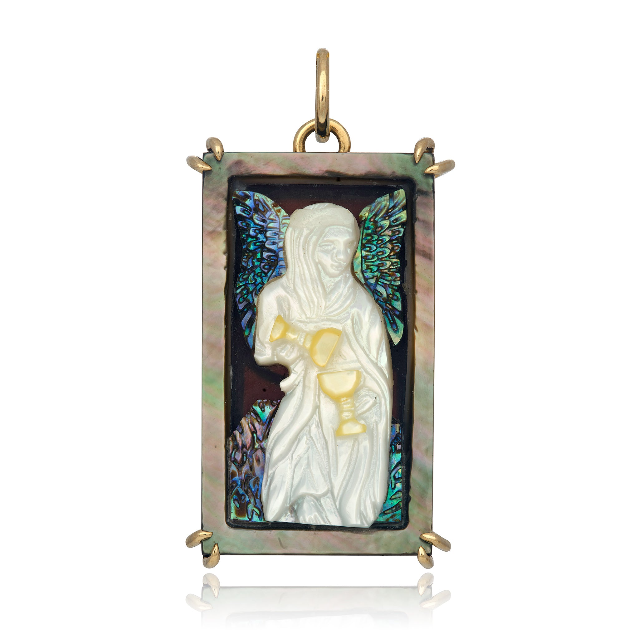 A 14K gold Tarot card charm with a mother of pearl and abalone design depicting a blue and green winged angel figure pouring from one cup into another
