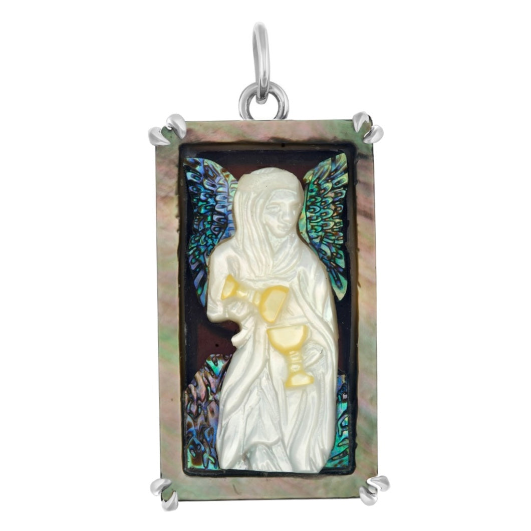 A silver charm featuring a hand-carved depiction of the Temperance tarot card, with a figure pouring liquid from one chalice into another, surrounded by mother of pearl and abalone inlays. Designed by Maura Green