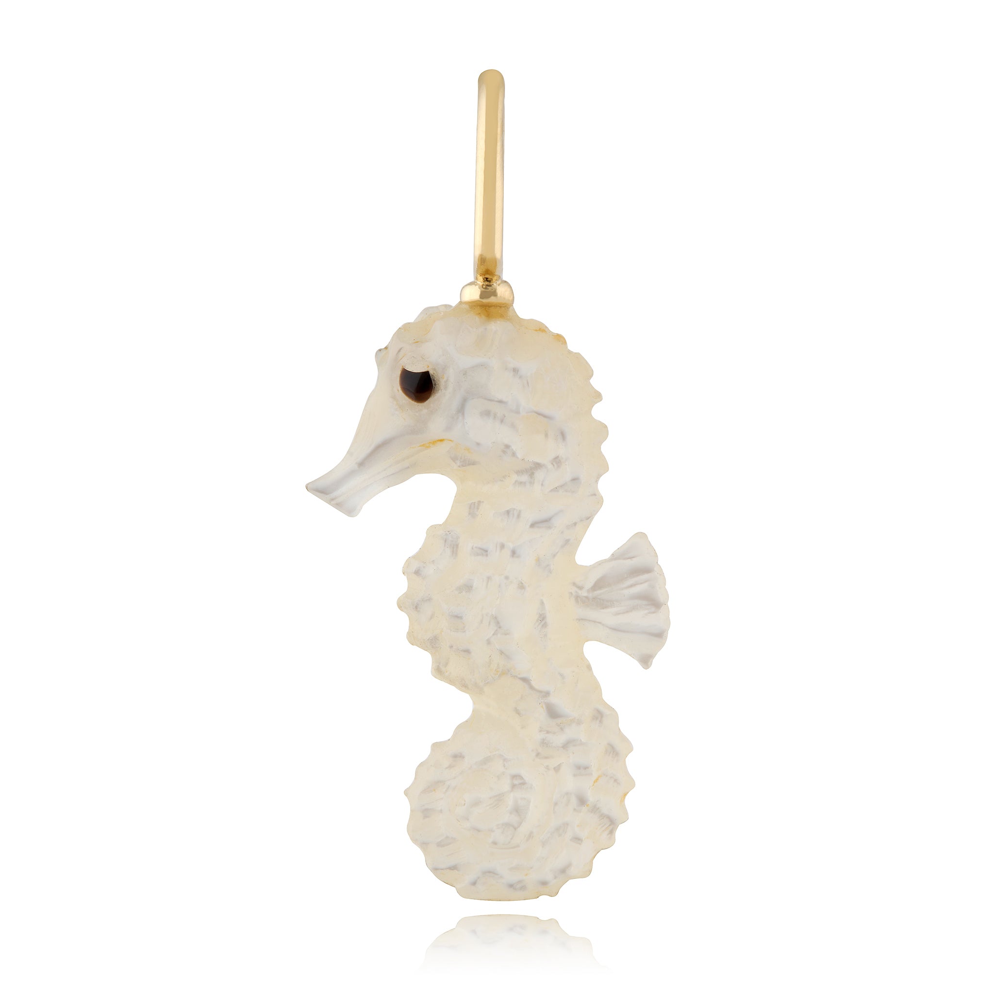 Hand carved white mother of pearl seahorse charm with 14K gold designed y Maura Green