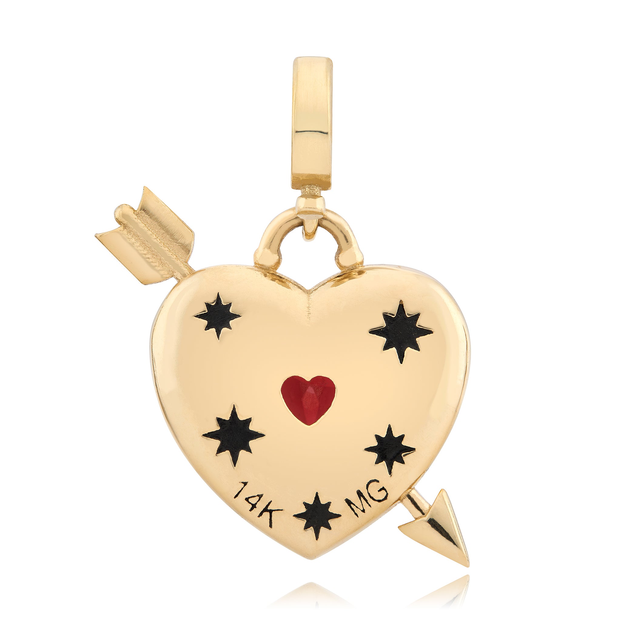 Back of Gold heart-shaped pendant with arrow design, red heart, and black stars on a white background designed by maura green