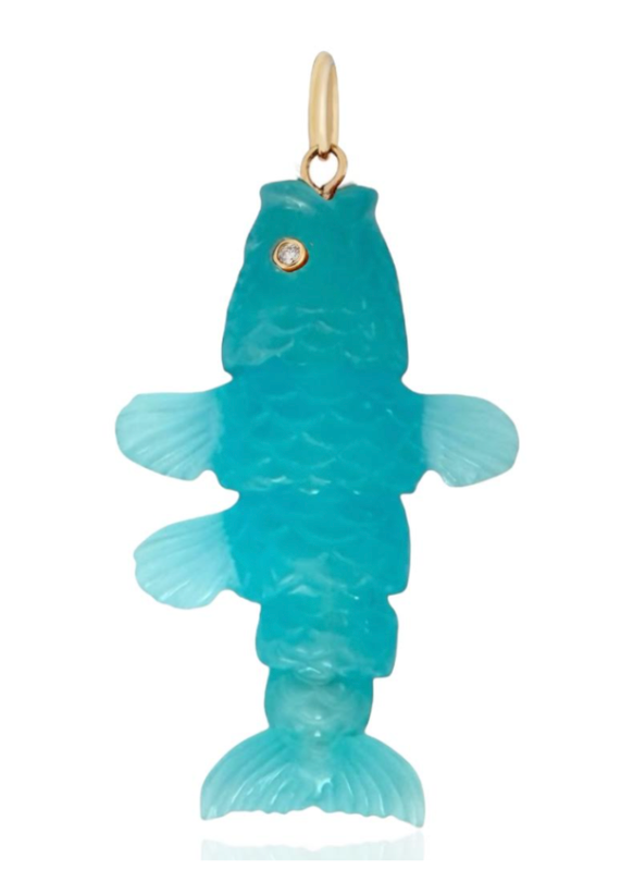 Pacific blue fish-shaped pendant on a white background designed by Maura Green
