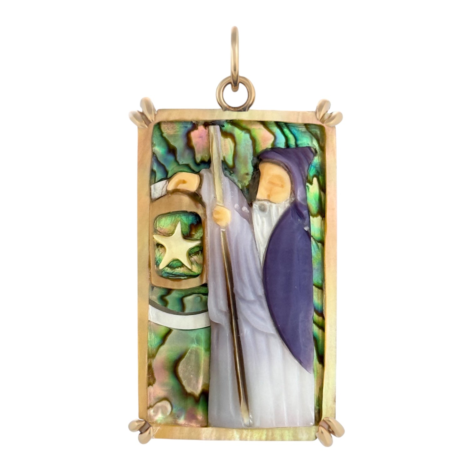 Rectangular shaped charm with a hooded hermit in purple robes holding up a staff and a lantern and colorful background on a white background. Designed by Maura Green