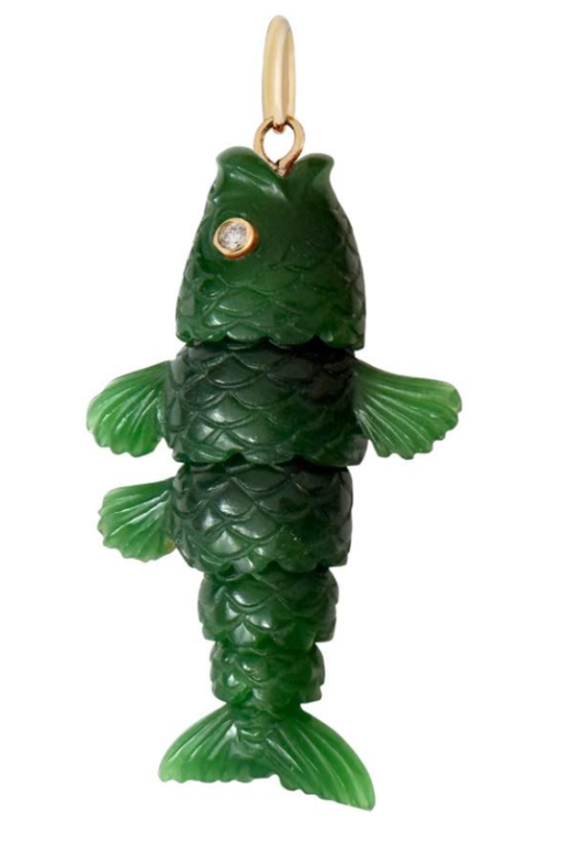 Green fish-shaped pendant with a gold bail on a white background designed by Maura green.