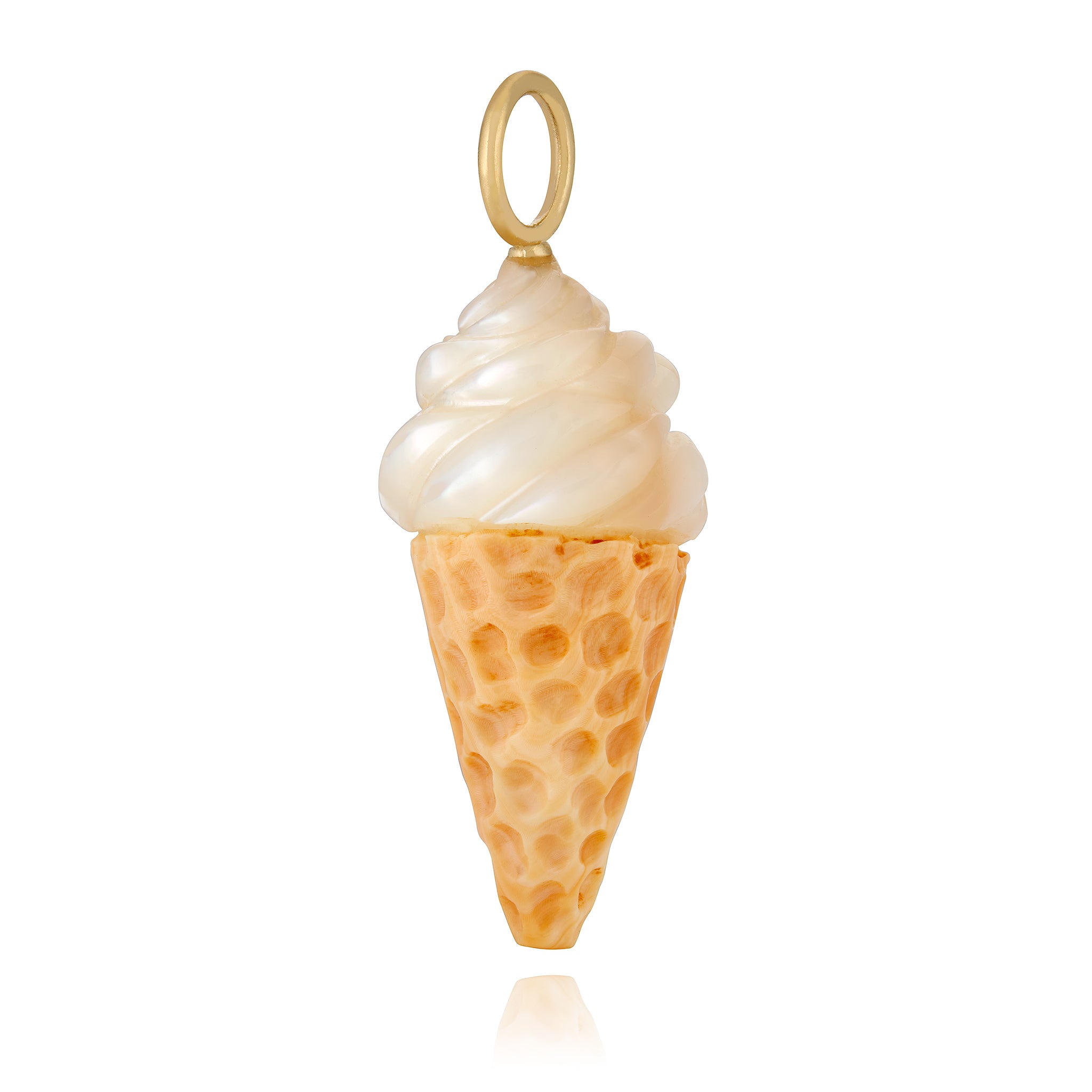 Soft serve ice cream cone charm with a gold bail on a white background. Designed by Maura Green