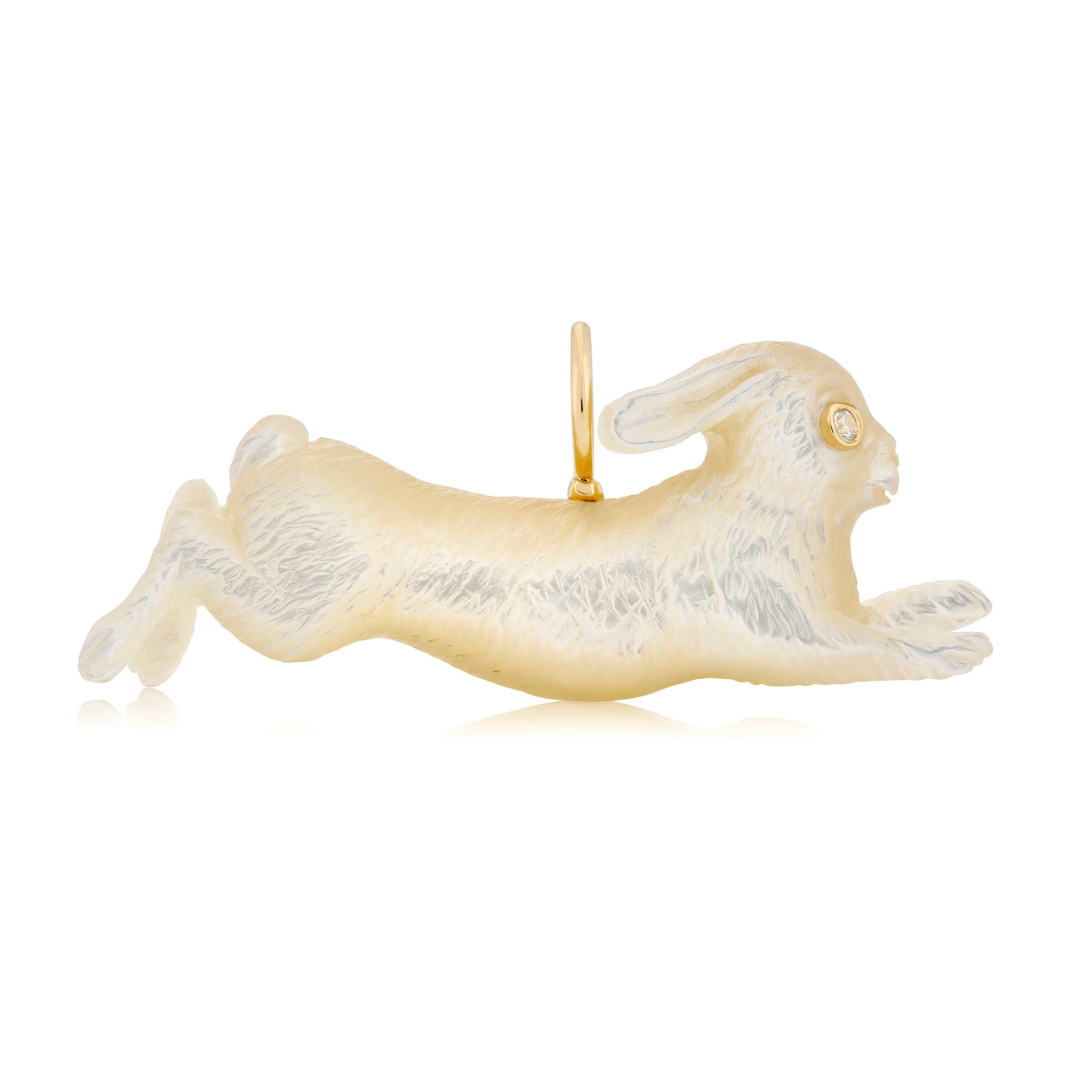 White mother of pearl leaping rabbit-shaped pendant on a white background. Designed by Maura Green