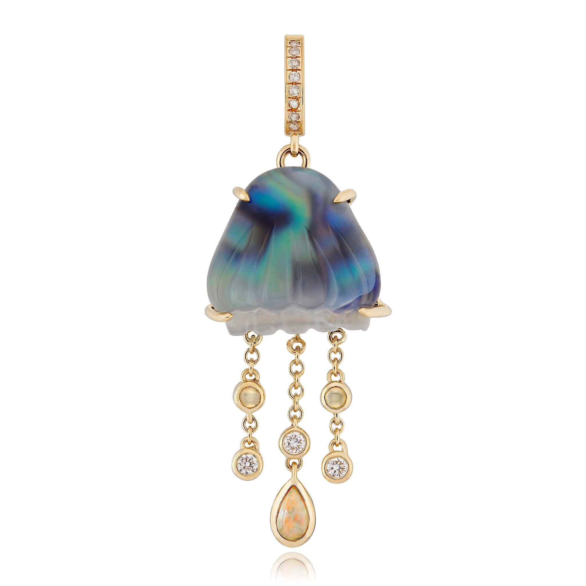 A gold pendant featuring a hand-carved chalcedony and abalone jellyfish with diamonds and Australian opals designed by Maura Green