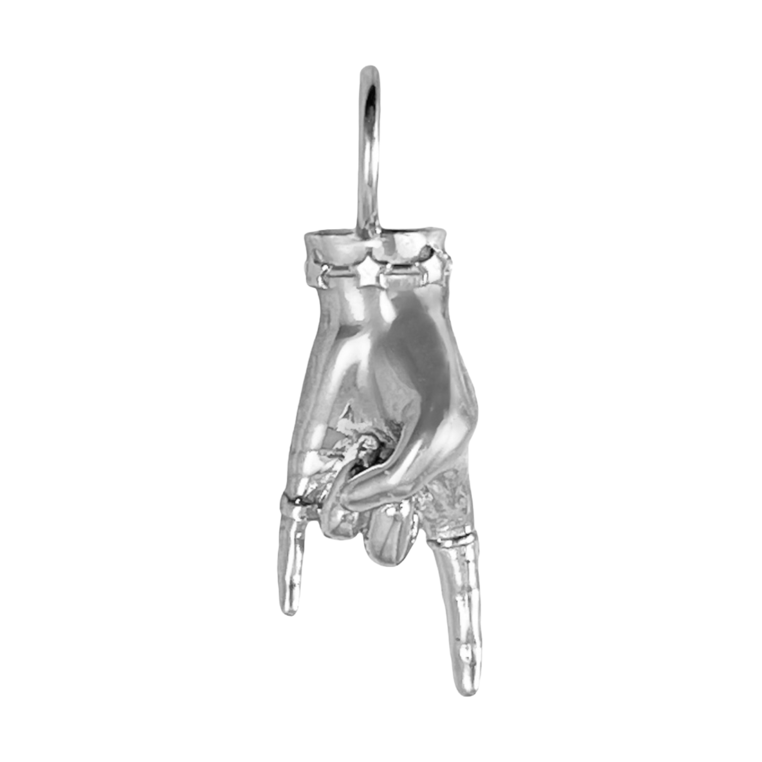 A sterling silver LadyFinger charm with a rock on finger gesture, displaying a shiny metal finish.